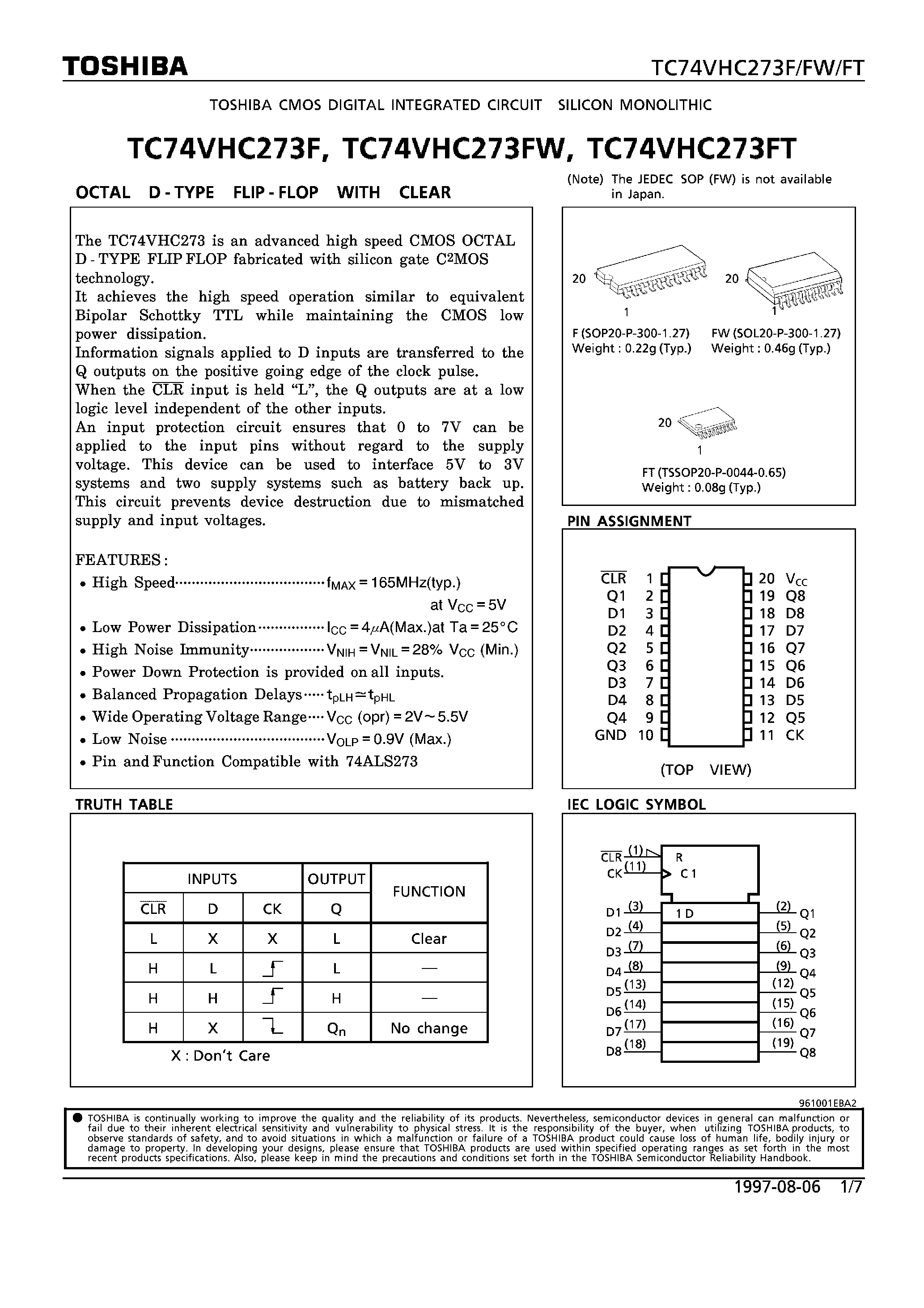 Datasheet TC74VHC257FW - OCTAL D-TUPE FLIP-FLOP WITH CLEAR page 1