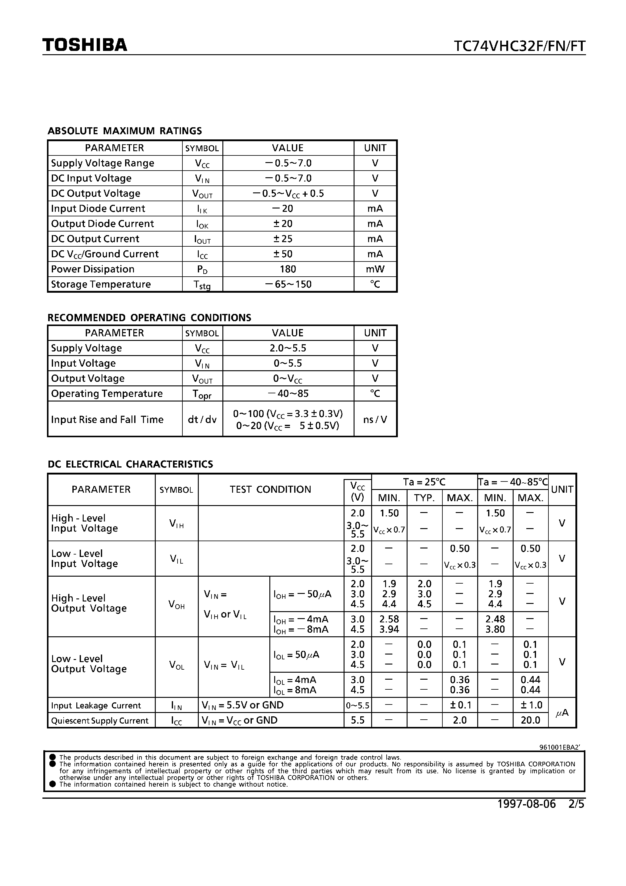 Даташит TC74VHC32 - QUAD 2-INPUT OR GATE страница 2