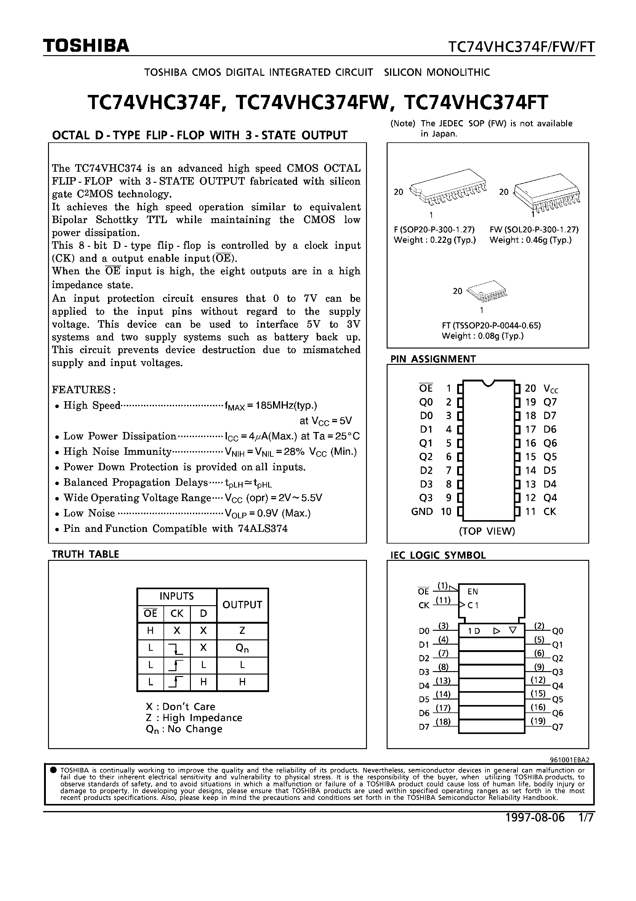 Datasheet TC74VHC374FT - OCTAL D-TYPE FLIP-FLOP WITH 3-STATE OUTPUT page 1