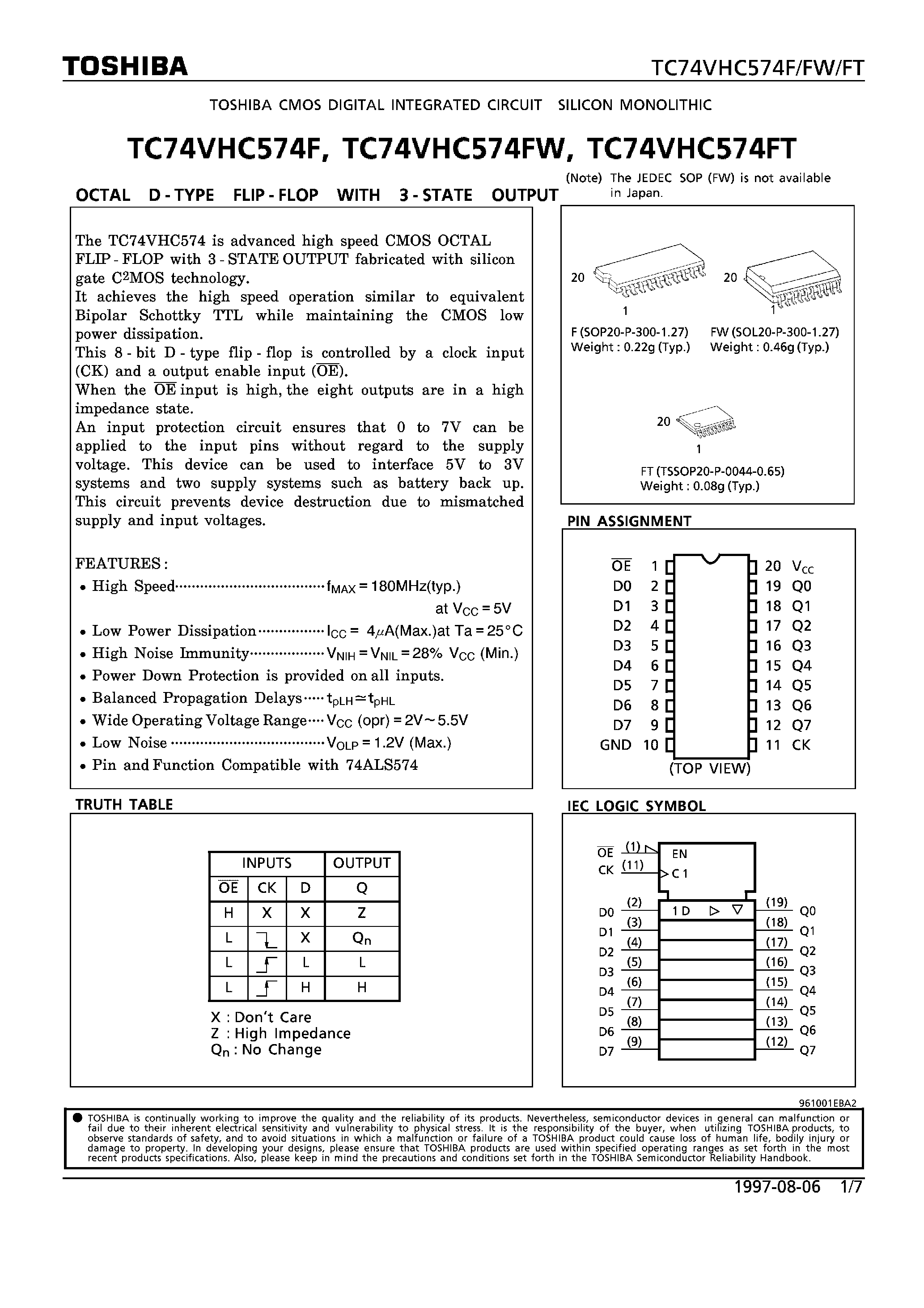 Datasheet TC74VHC574FW - OCTAL D-TYPE FLIP-FLOP WITH 3-STATE OUTPUT page 1