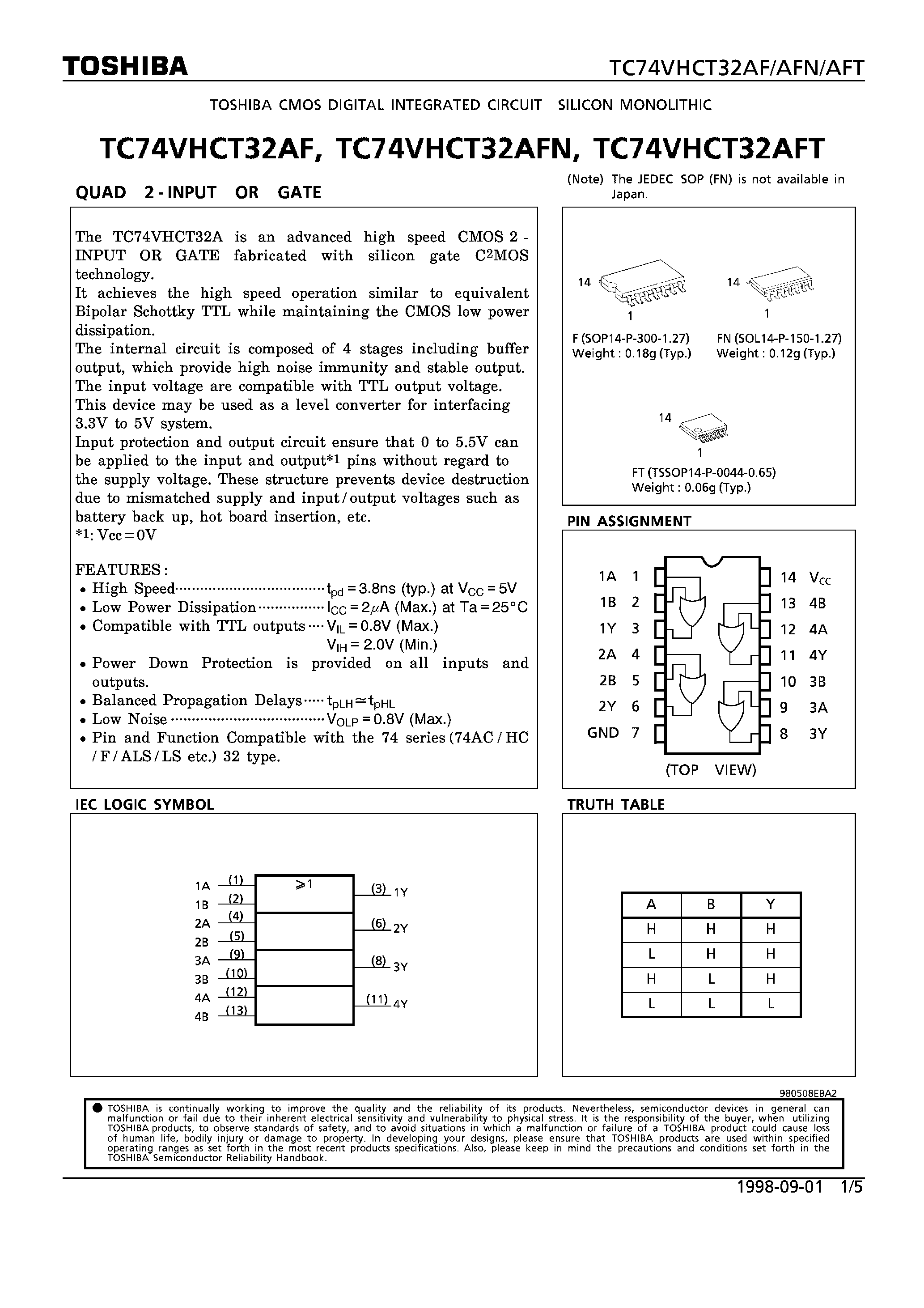 Даташит TC74VHCT32AF - QUAD 2-INPUT OR GATE страница 1