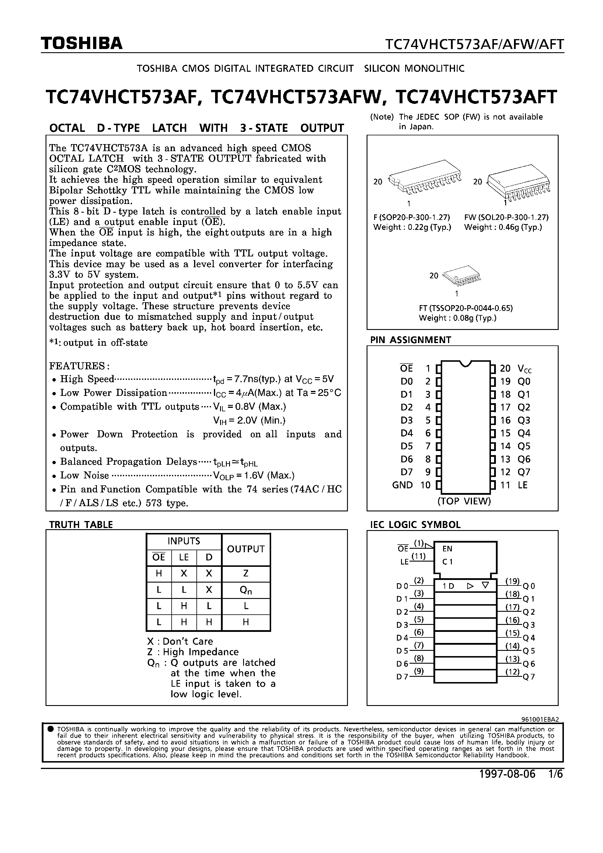 Datasheet TC74VHCT573AFW - OCTAL D-TYPE LATCH WITH 3-STATE OUTPUT page 1