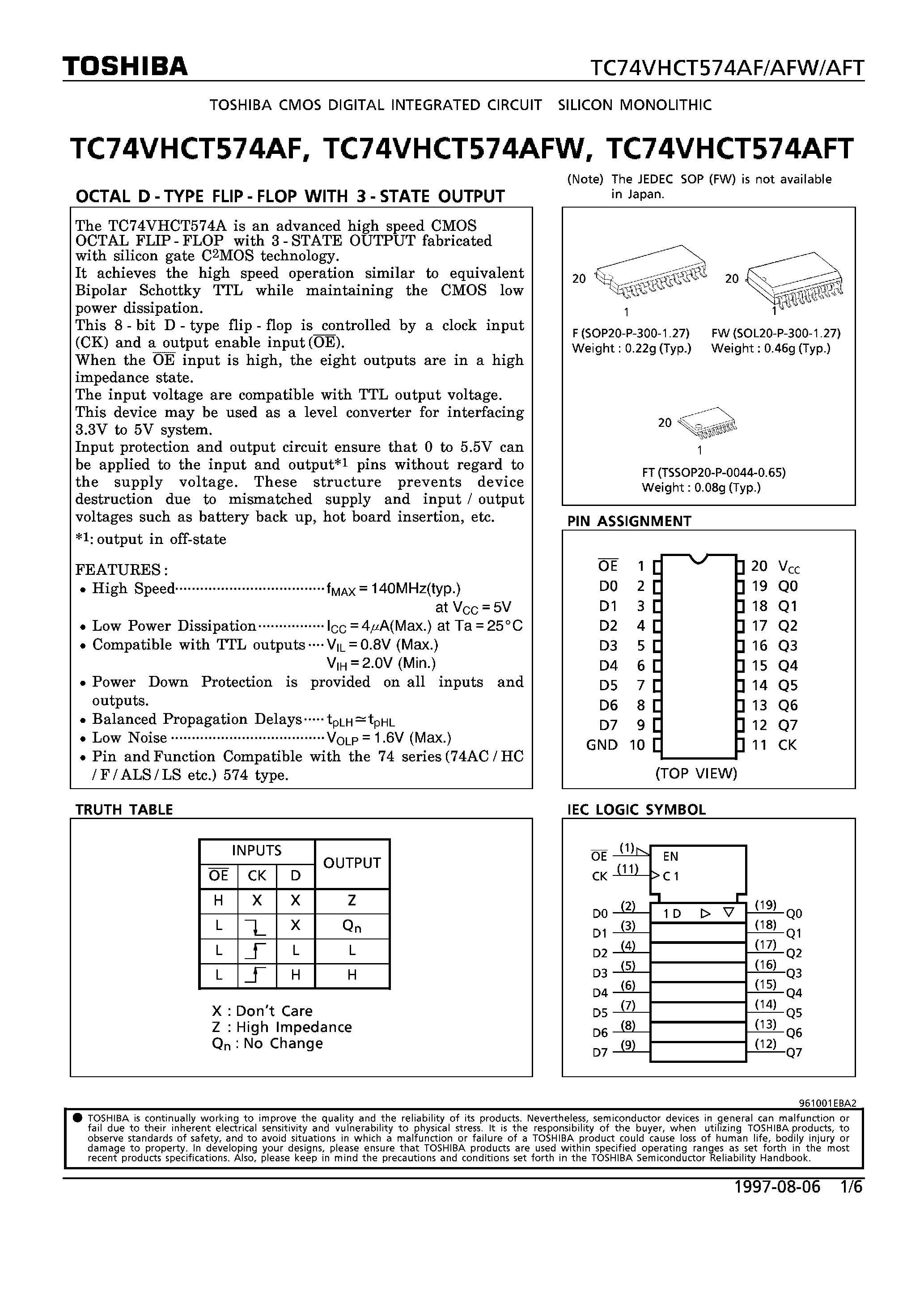 Datasheet TC74VHCT574AF - OCTAL D-TYPE FLIP-FLOP WITH 3-STATE OUTPUT page 1