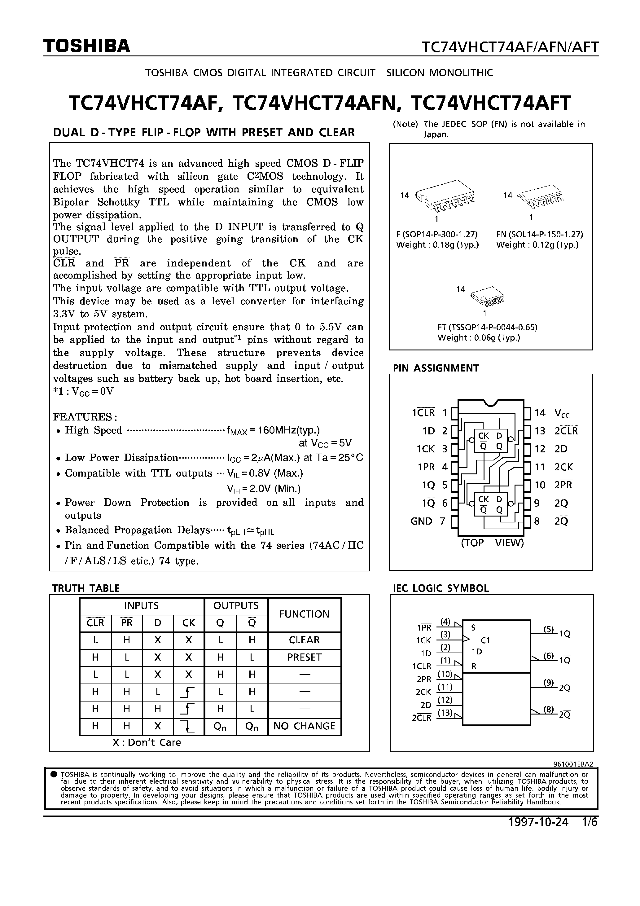 Datasheet TC74VHCT74AF - DUAL D-TYPE FLIP-FLOP WITH PRESET AND CLEAR page 1