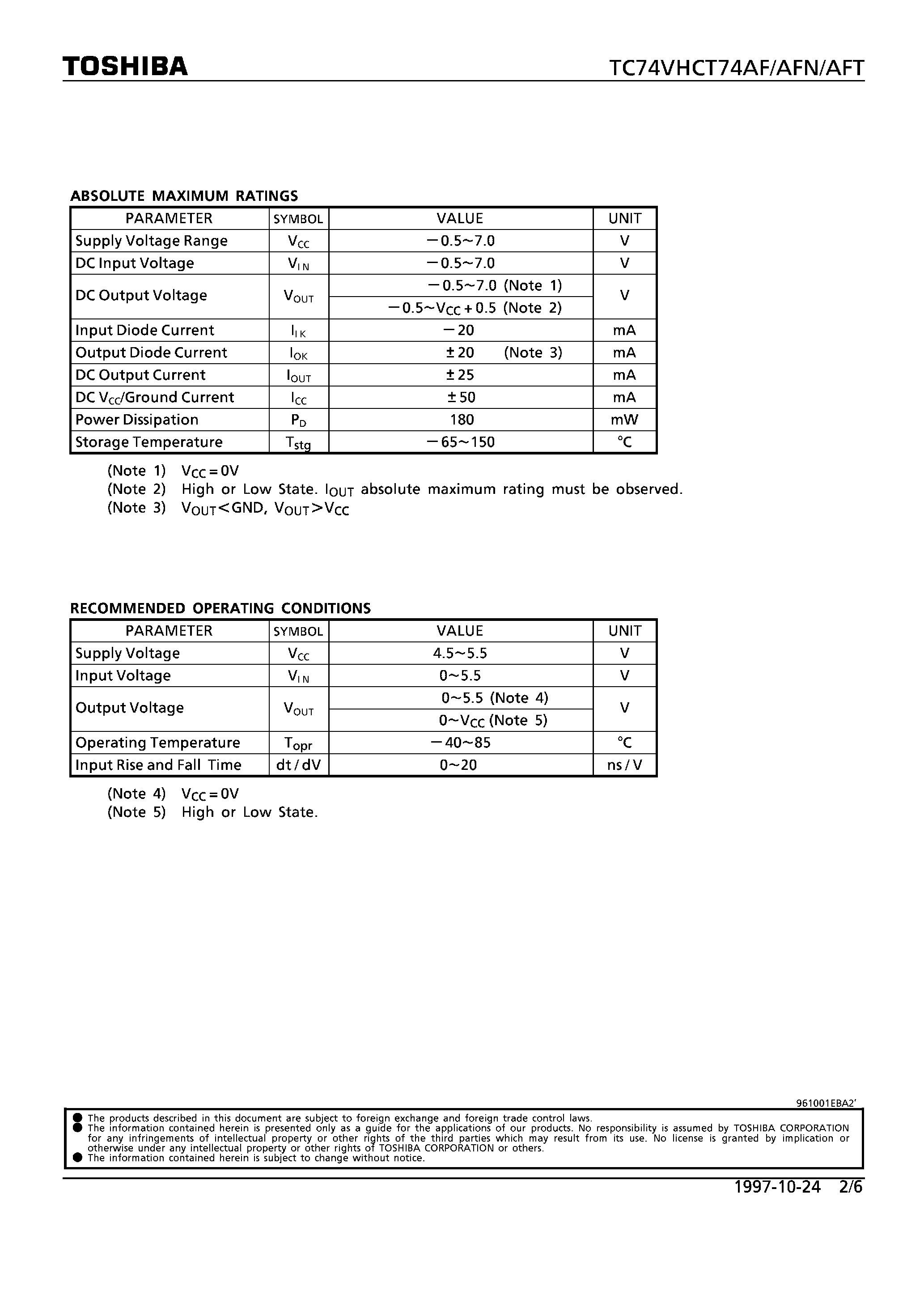 Datasheet TC74VHCT74AF - DUAL D-TYPE FLIP-FLOP WITH PRESET AND CLEAR page 2