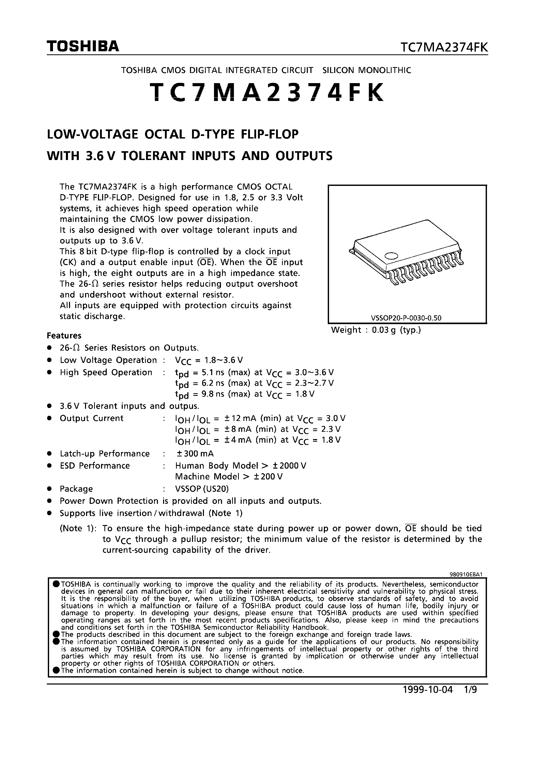 Datasheet TC7MA2374FK - LOW-VOLTAGE OCTAL D-TYPE FLIP-FLOP WITH 3.6V TOLERANT INPUTS AND OUTPUTS page 1