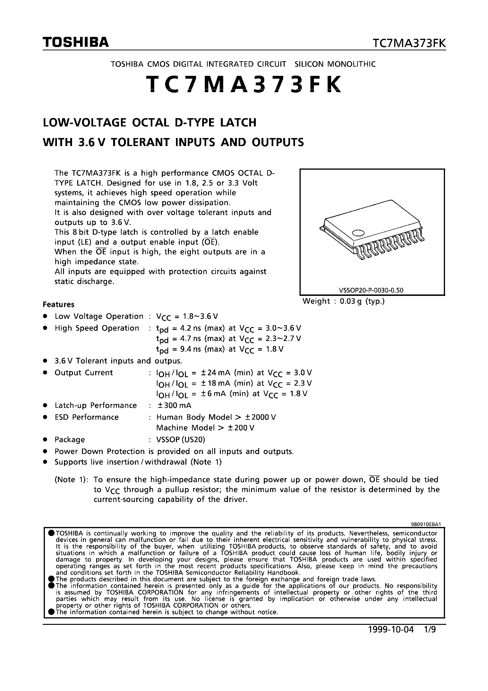 Datasheet TC7MA373FK - LOW-VOLTAGE OCTAL D-TYPE LATCH WITH 3.6V TOLERANT INPUTS AND OUTPUTS page 1