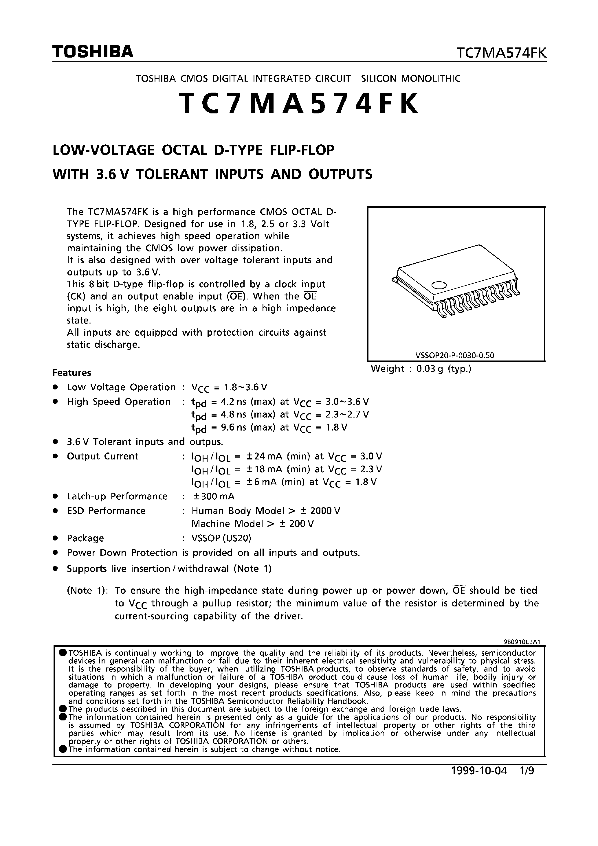 Datasheet TC7MA574FK - LOW-VOLTAGE OCTAL D-TYPE FLIP-FLOP WITH 3.6V TOLERANT INPUTS AND OUTPUTS page 1