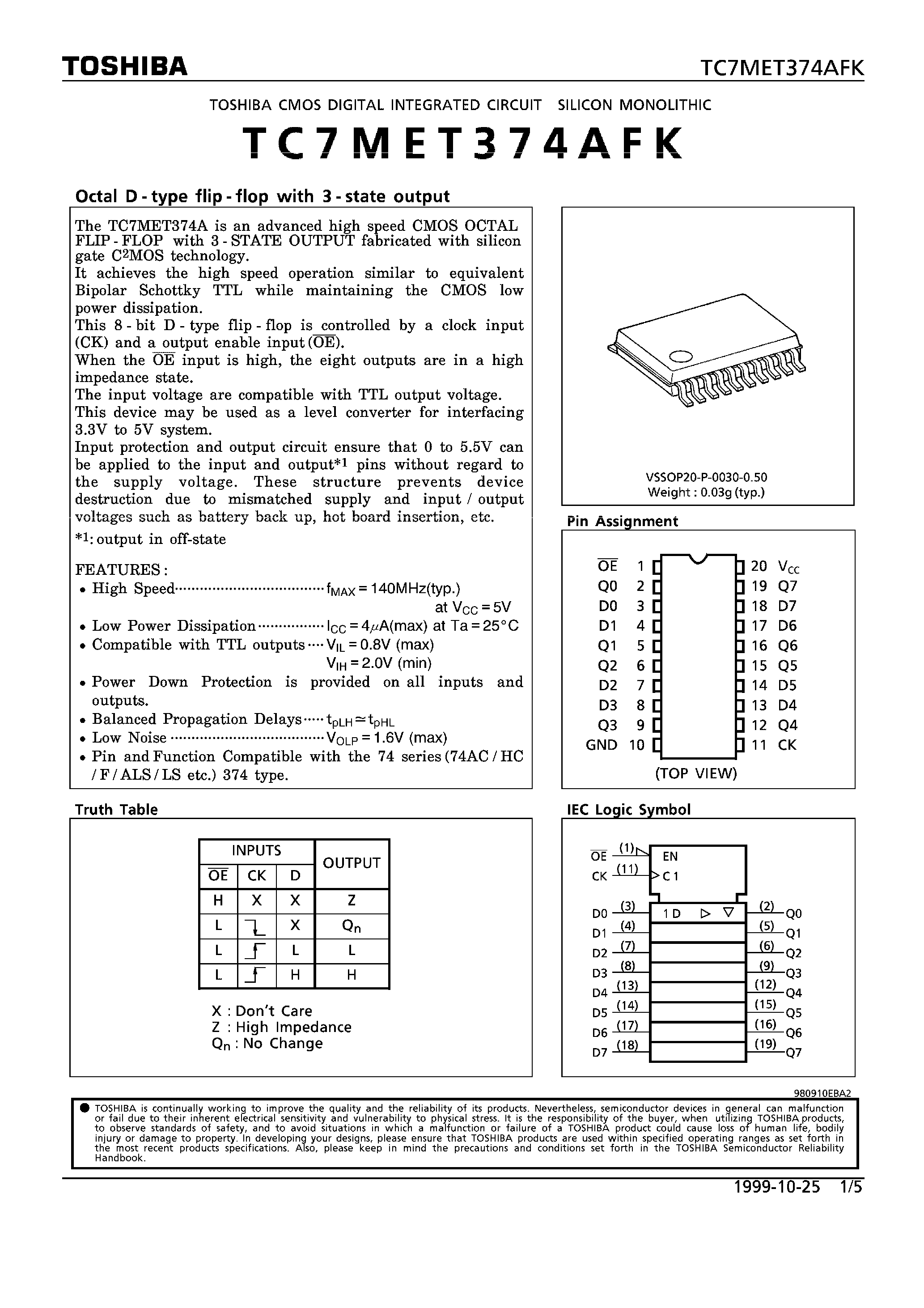 Datasheet TC7MET374AFK - OCTAL D-TYPE FLIP-FLOP WITH 3-STATE OUTPUT page 1