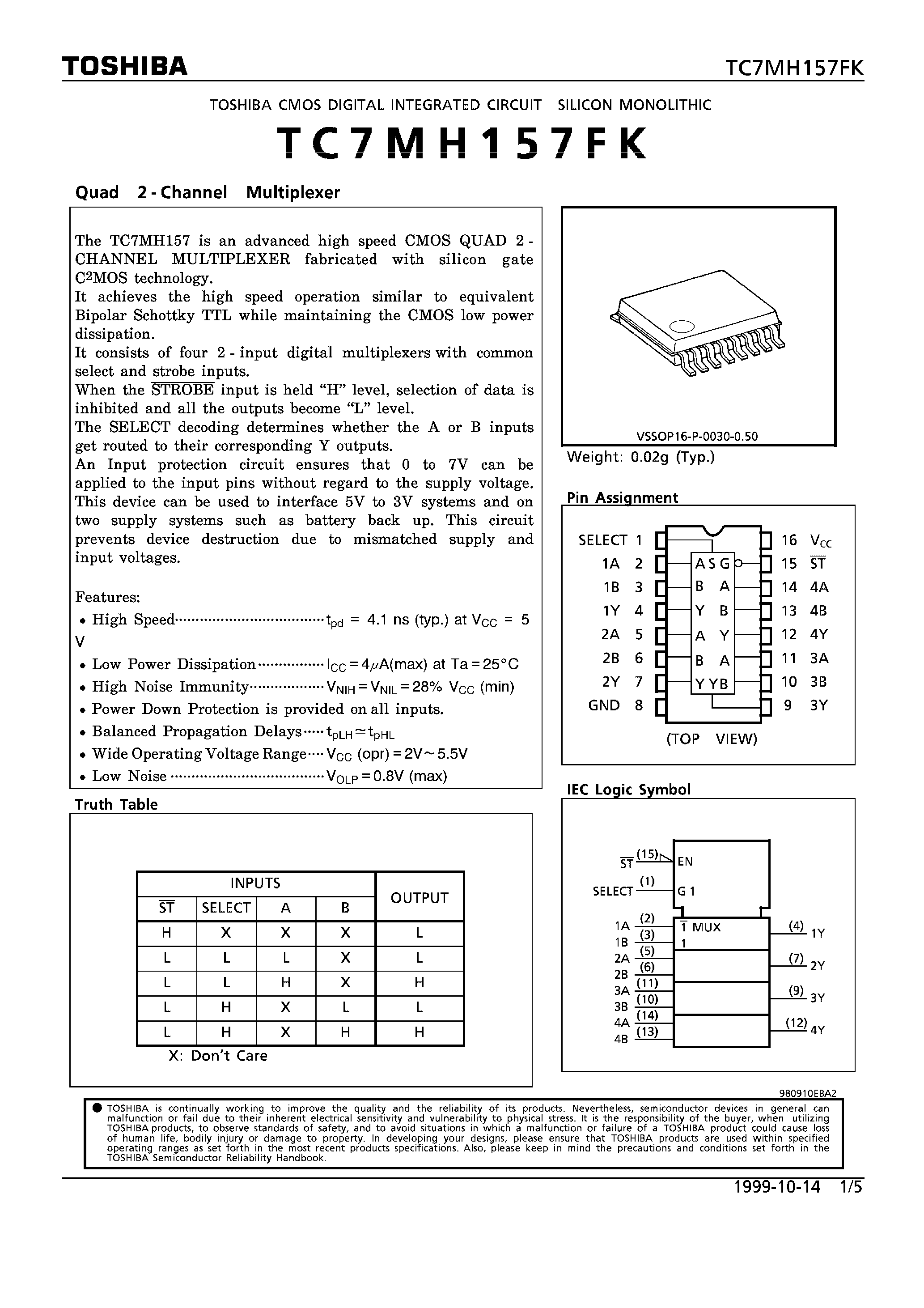 Даташит TC7MH157FK - QUAD 2-CHANNEL MULTIPLEXER страница 1