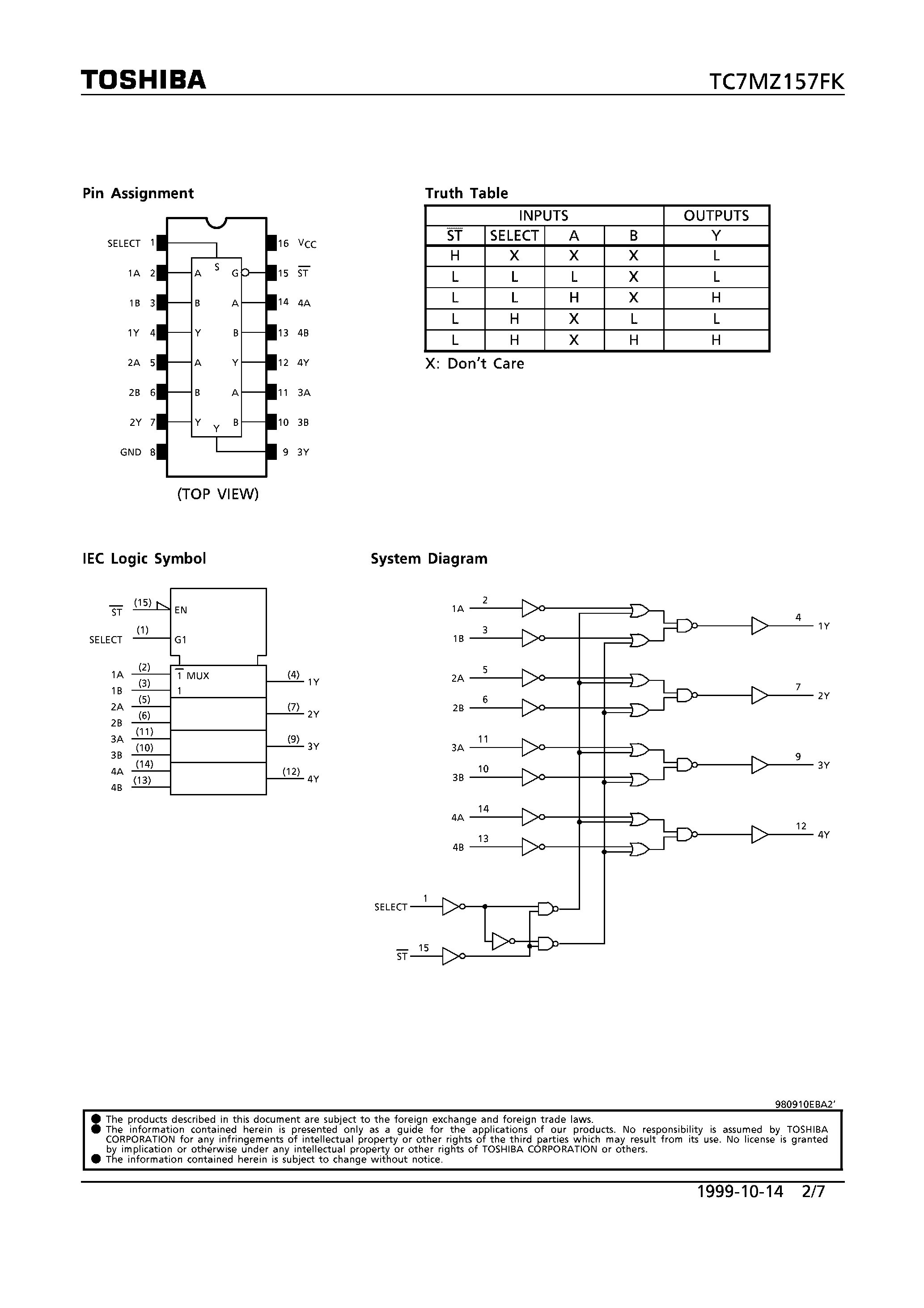 Даташит TC7MZ157FK - LOW-VOLTAGE QUAD 2-CHANNEL MULTIPLEXER WITH 5V TOLERANT INPUTS AND OUTPUTS страница 2