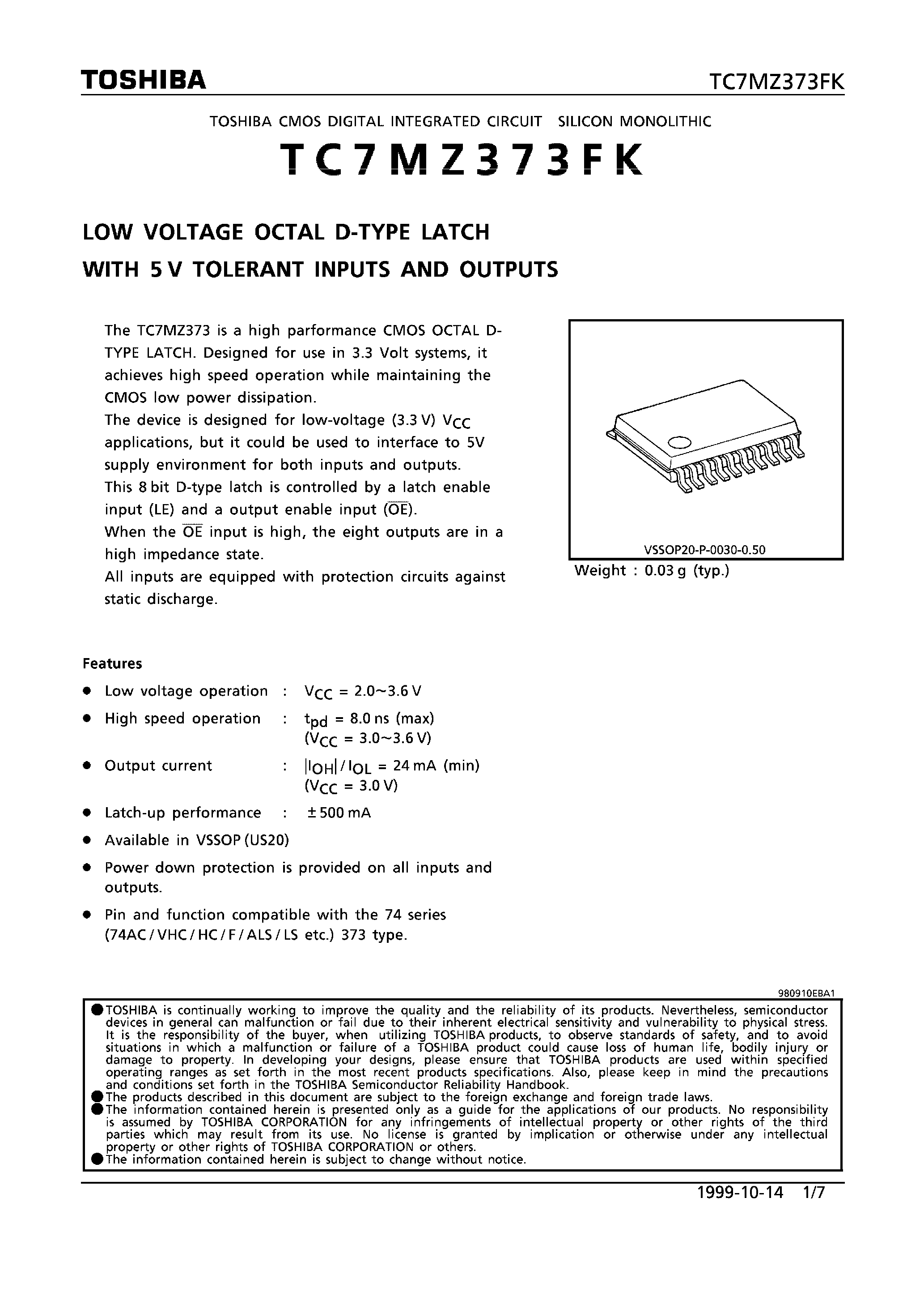 Datasheet TC7MZ373FK - LOW-VOLTAGE OCTAL D-TYPE LATCH WITH 5V TOLERANT INPUTS AND OUTPUTS page 1