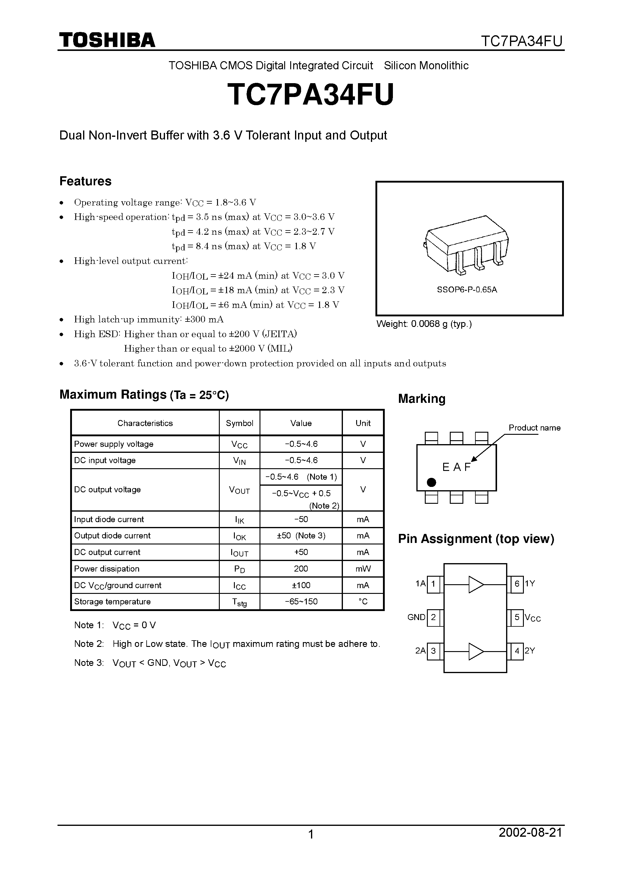 Даташит TC7PA34FU - Dual Non-Invert Buffer with 3.6 V Tolerant Input and Output страница 1