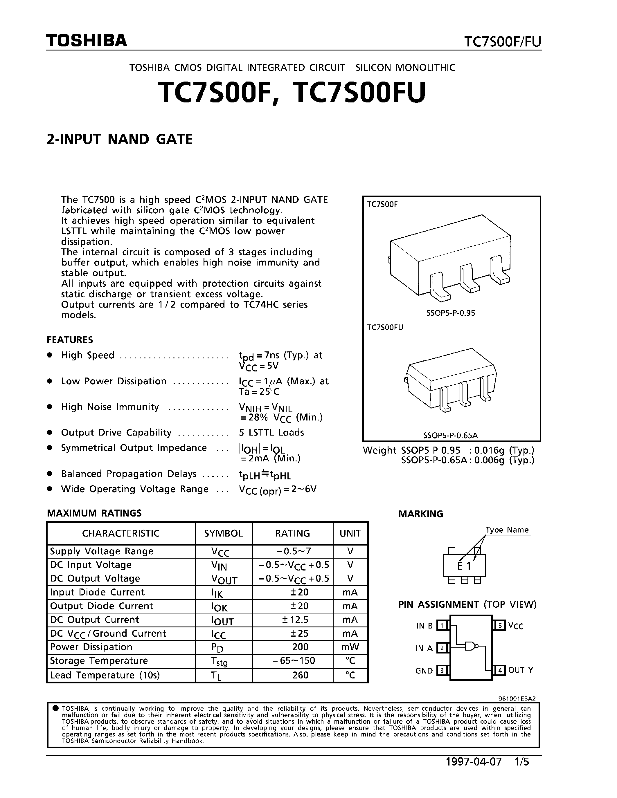 Даташит TC7S00F - 2-INPUT NAND GATE страница 1