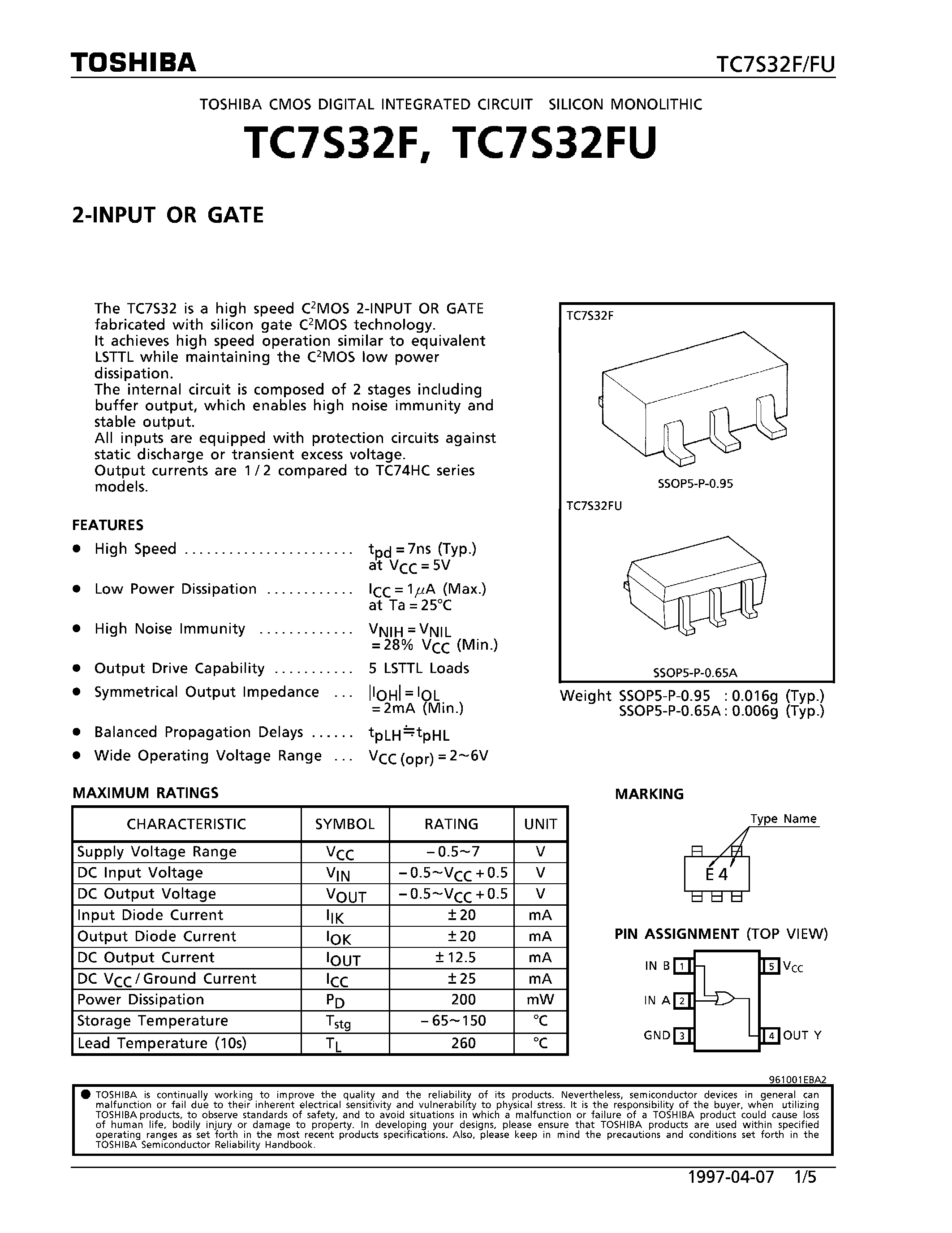 Даташит TC7S32 - 2-INPUT OR GATE страница 1