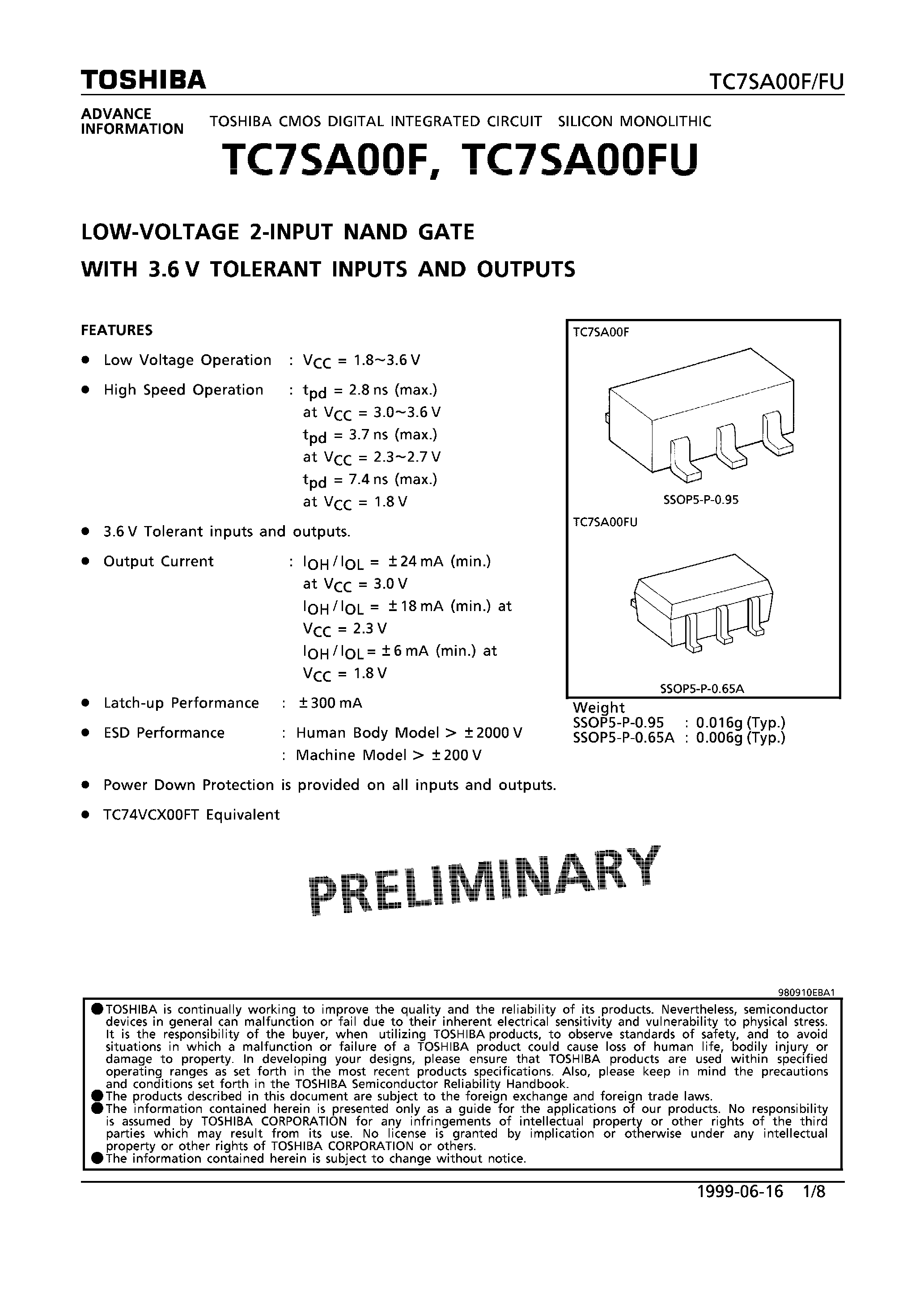 Даташит TC7SA00F - LOW-VOLTAGE 2-INPUT NAND GATE WITH 3.6V TOLERANT INPUTS AND OUTPUTS страница 1