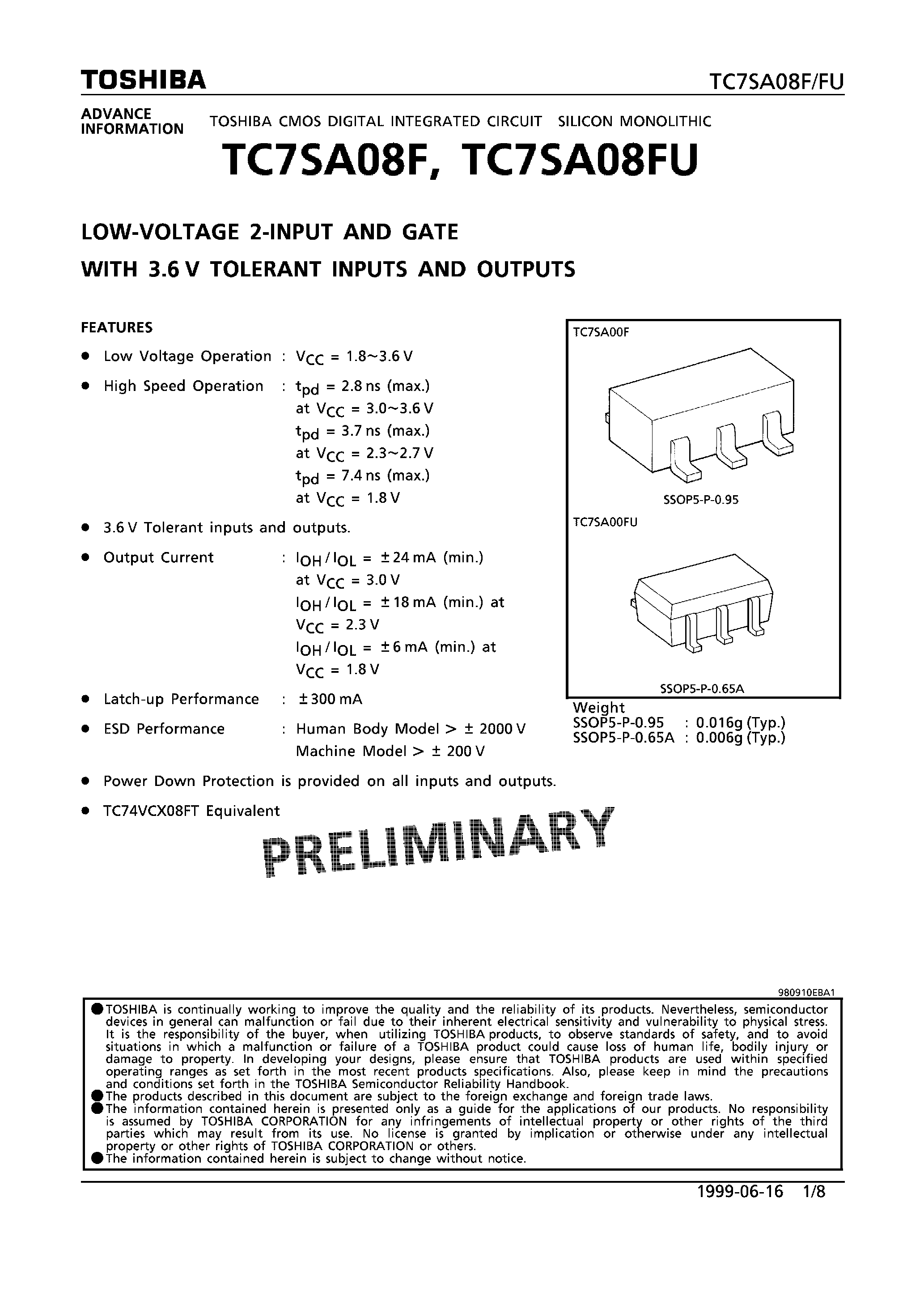 Даташит TC7SA08F - LOW-VOLTAGE OCTAL 2-INPUT AND GATE WITH 3.6V TOLERANT INPUTS AND OUTPUTS страница 1