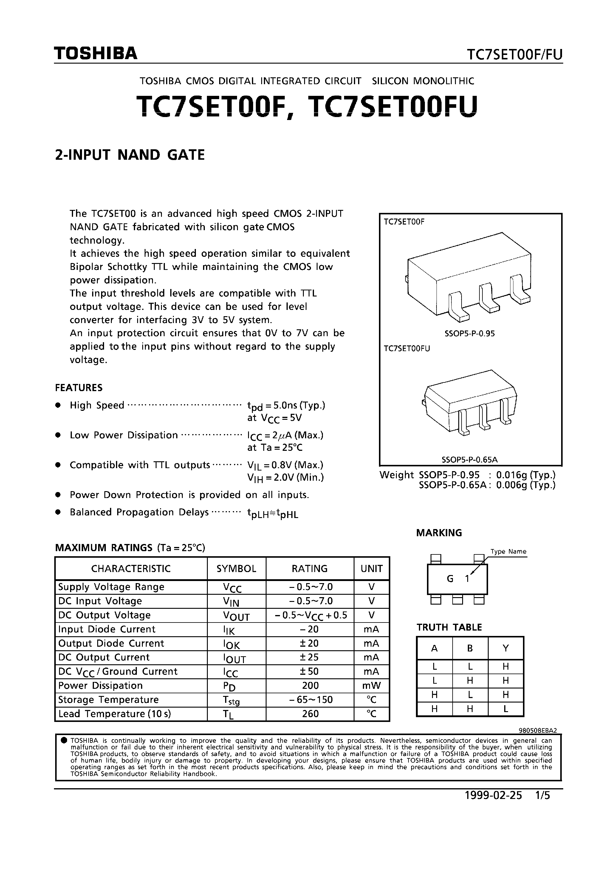 Даташит TC7SET00F - 2-INPUT NAND GATE страница 1