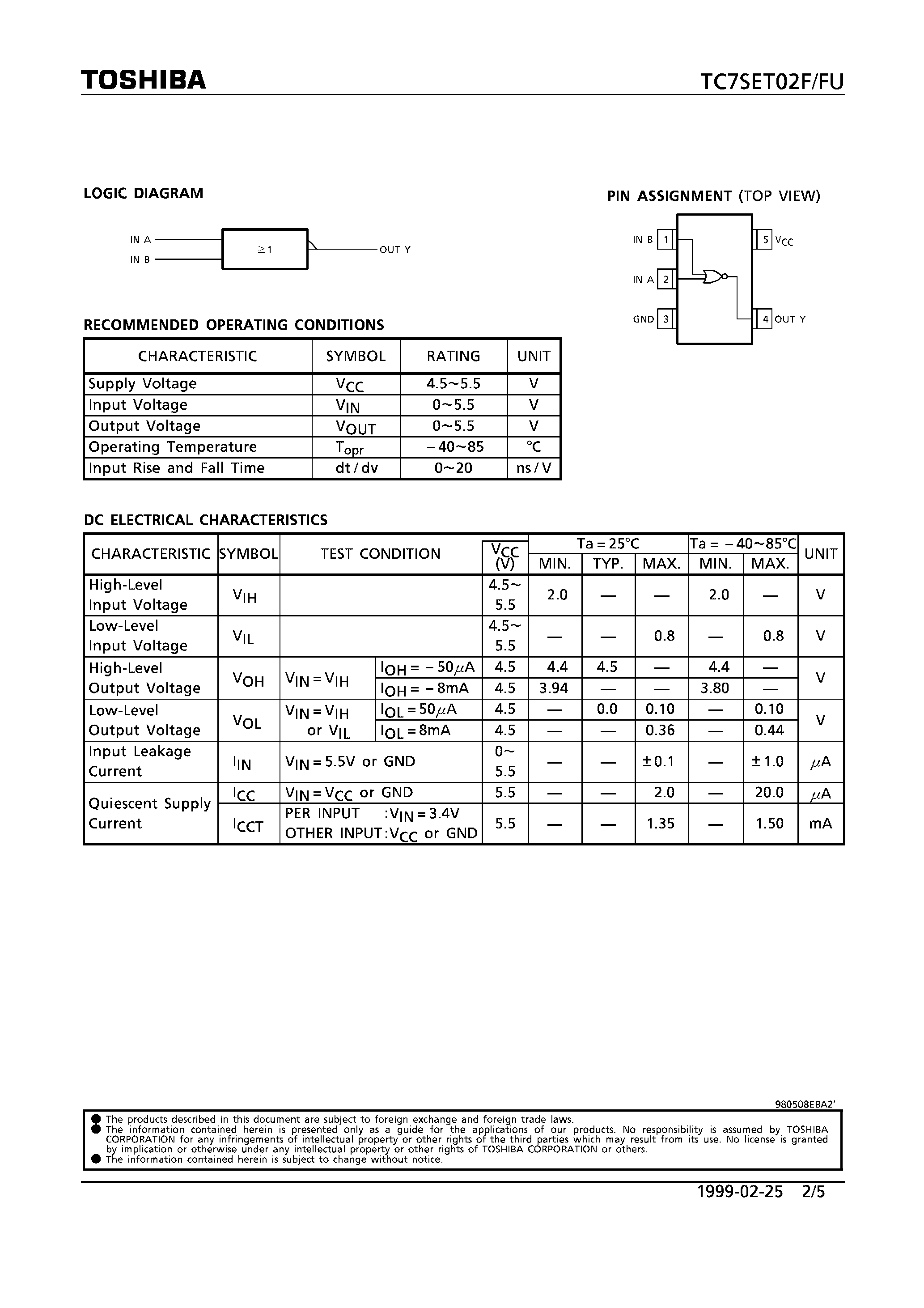 Даташит TC7SET02F - 2-INPUT NOR GATE страница 2