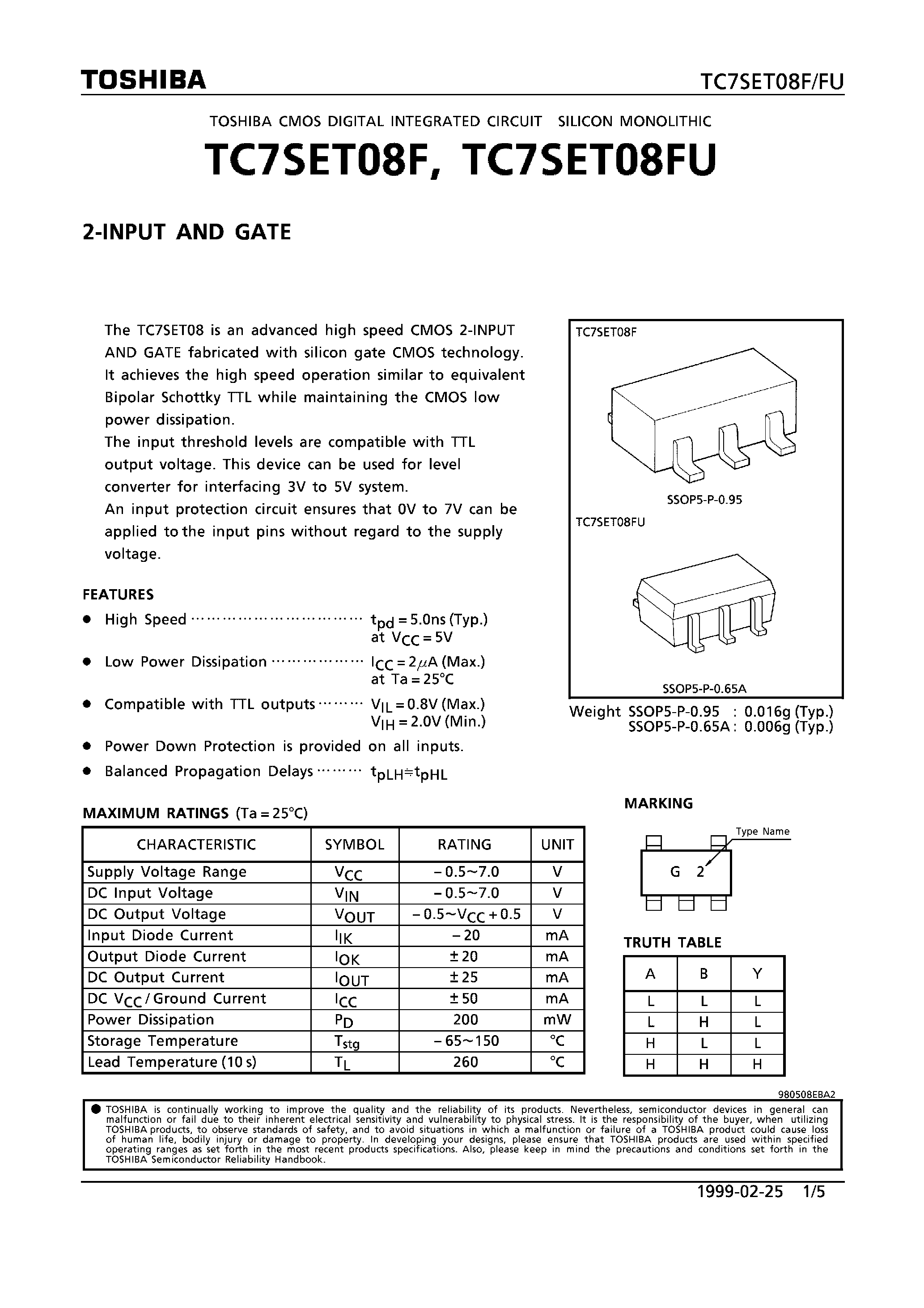 Даташит TC7SET08 - 2-INPUT AND GATE страница 1