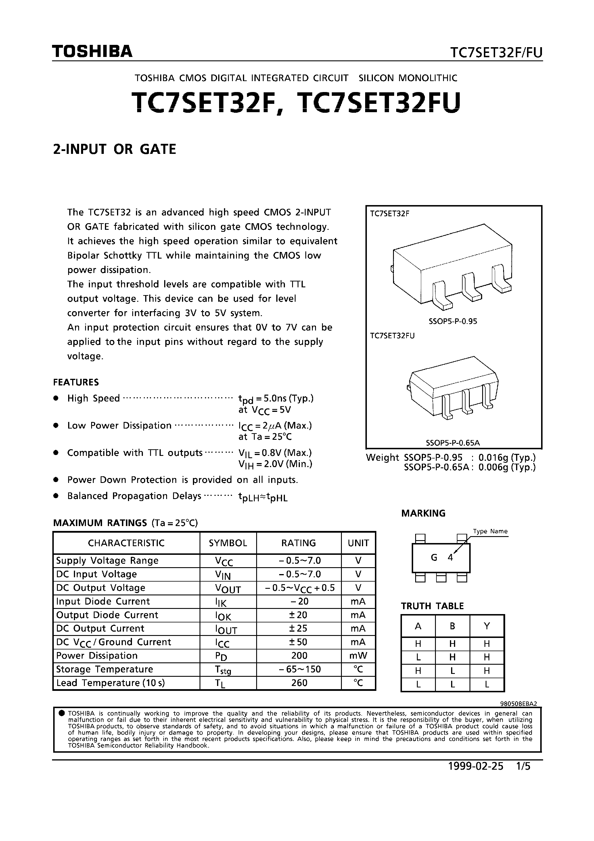 Даташит TC7SET32F - 2-INPUT OR GATE страница 1