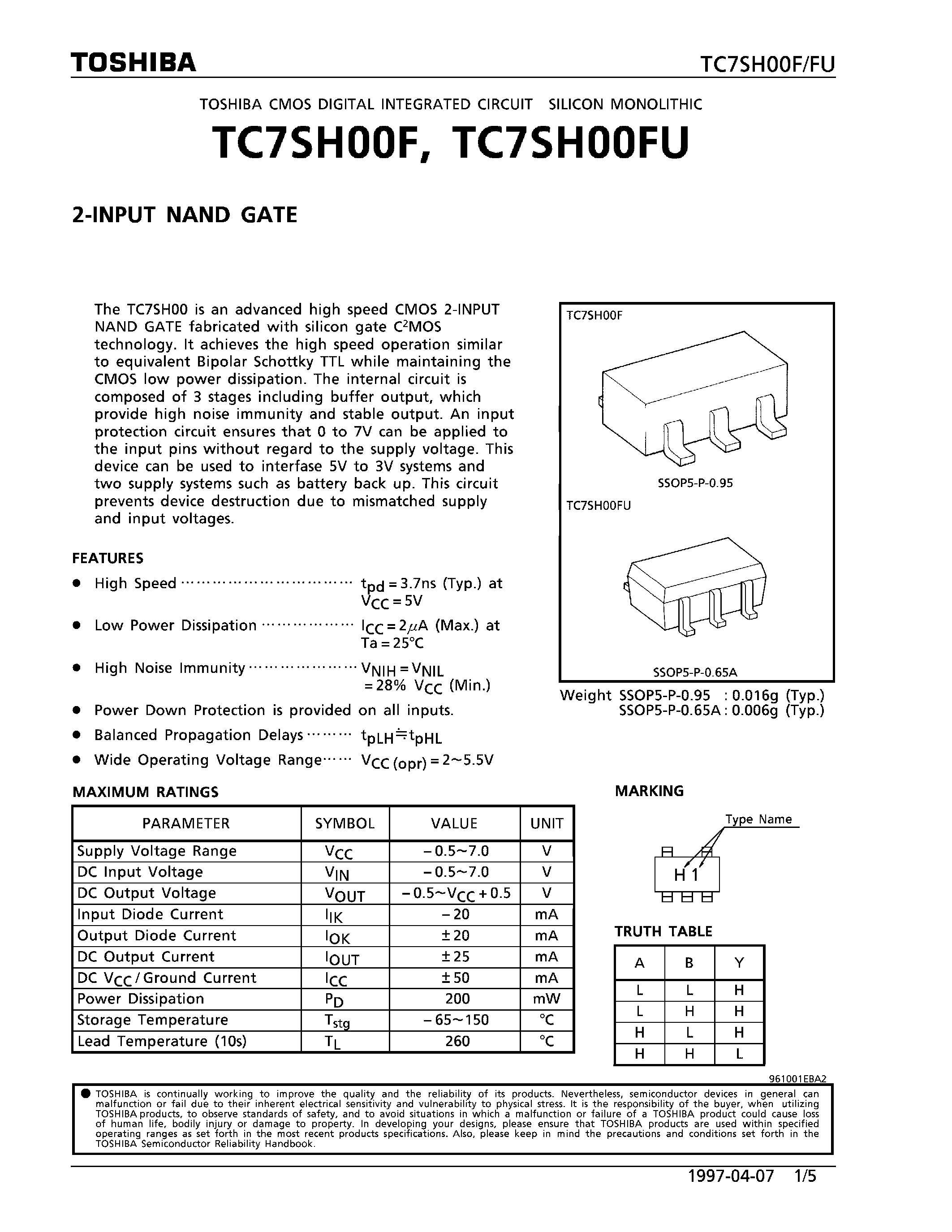 Даташит TC7SH00 - 2-INPUT NAND GATE страница 1