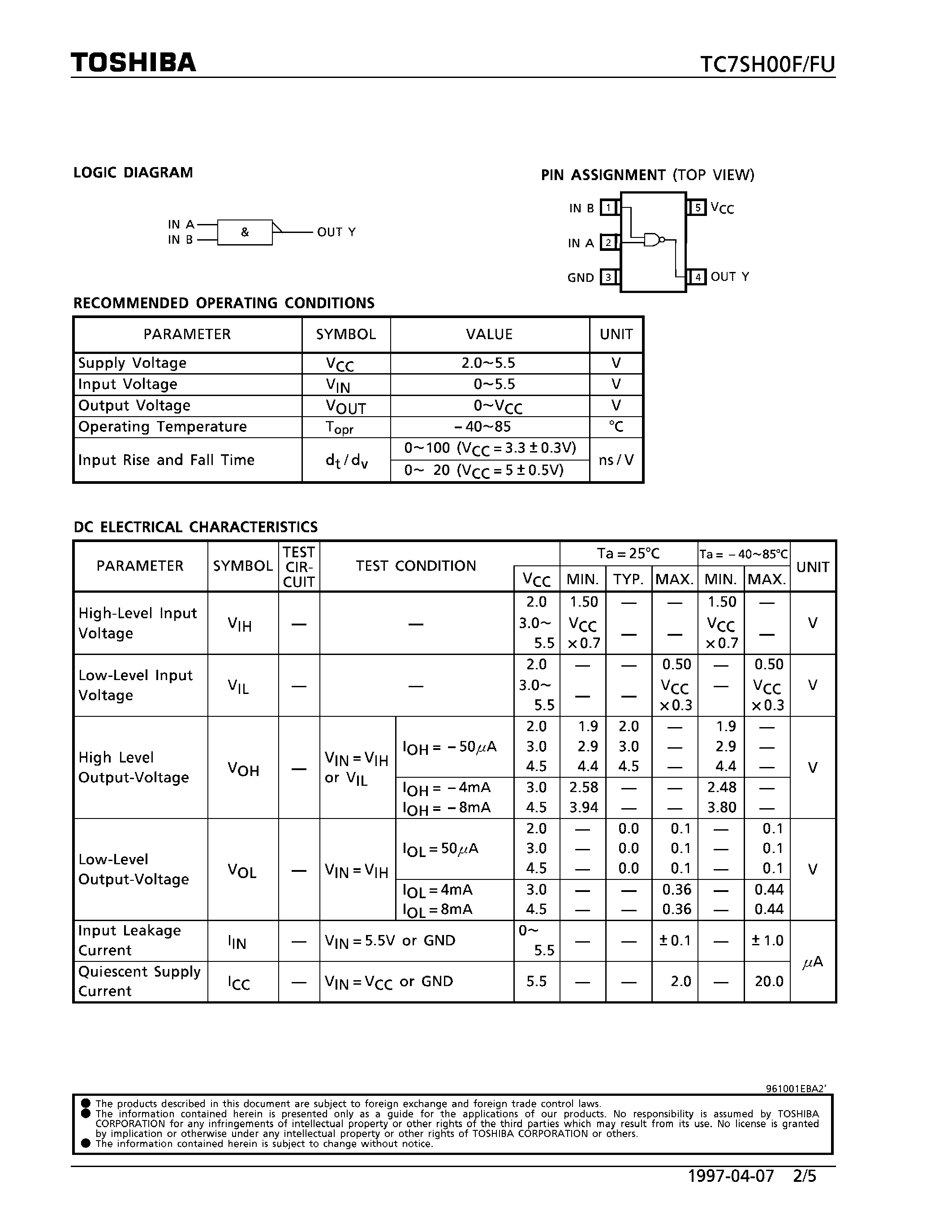 Даташит TC7SH00 - 2-INPUT NAND GATE страница 2