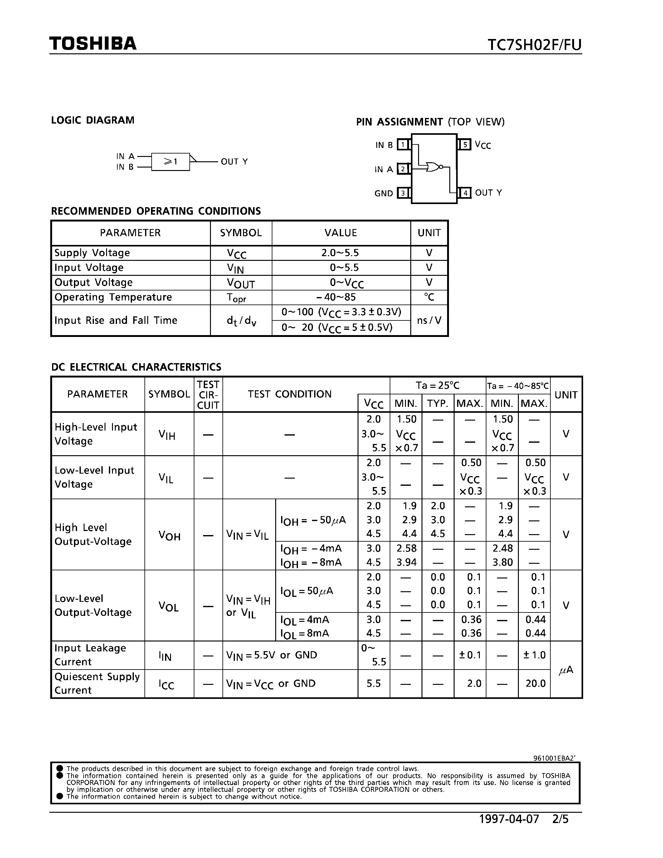 Даташит TC7SH02 - 2-INPUT NOR GATE страница 2