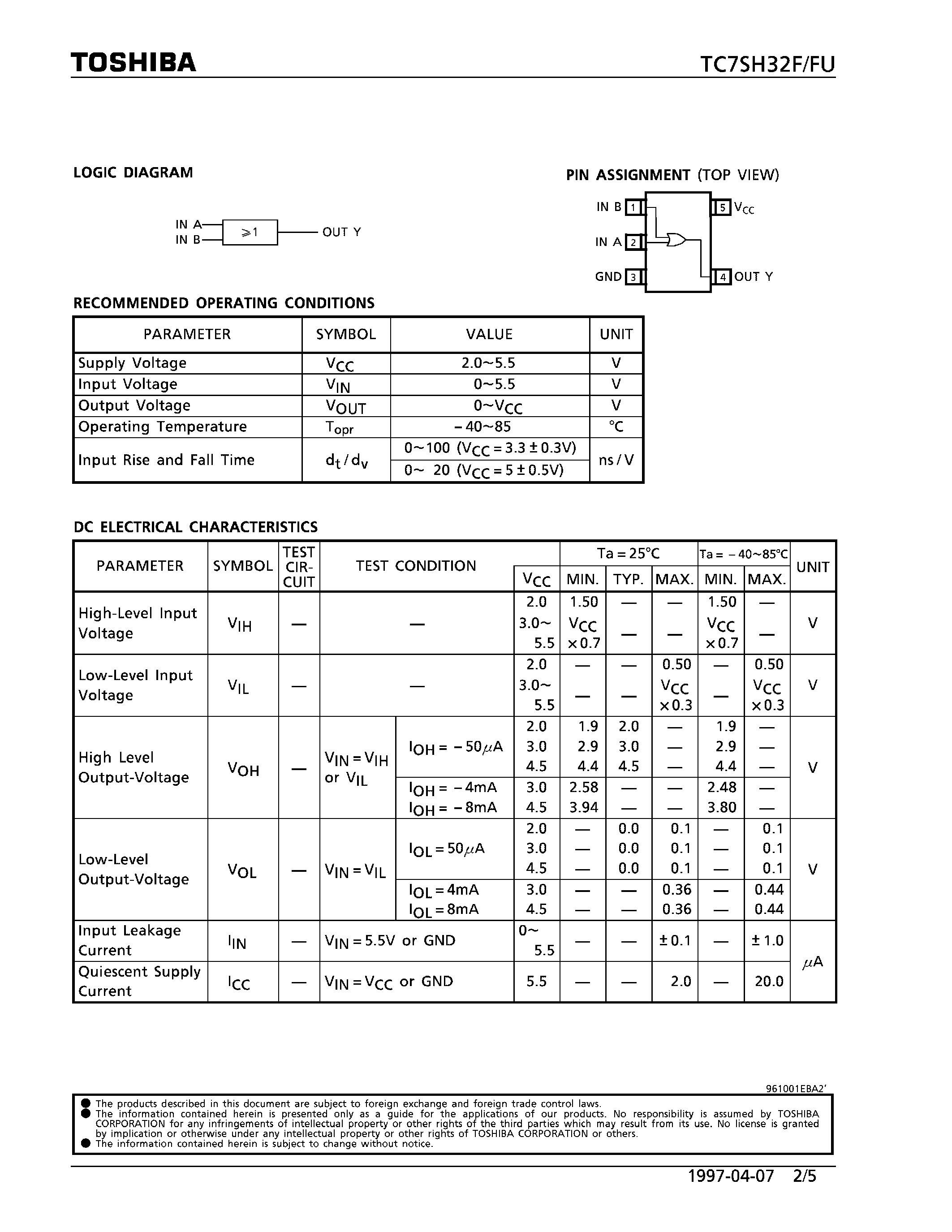 Даташит TC7SH32 - 2-INPUT OR GATE страница 2