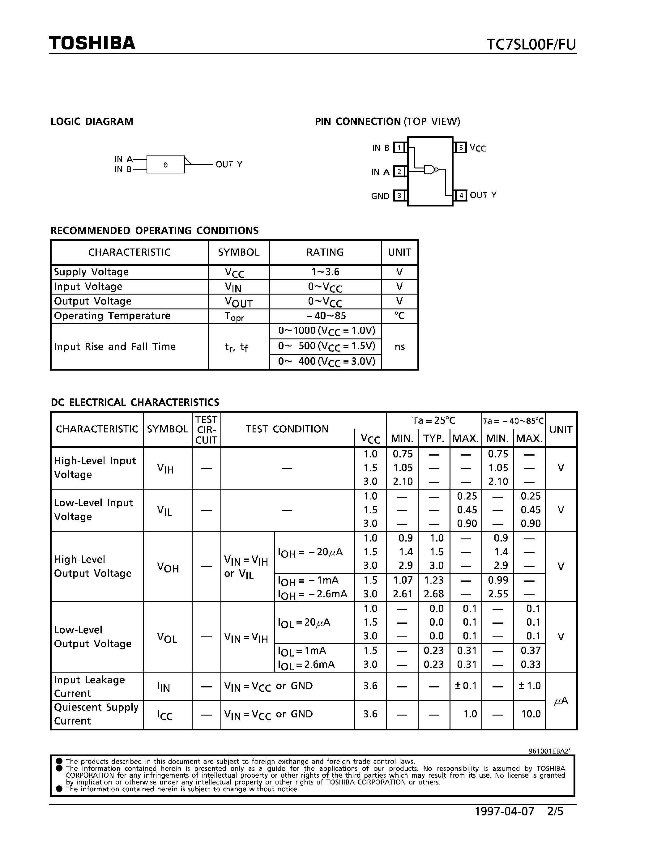 Даташит TC7SL00F - 2-INPUT NAND GATE страница 2