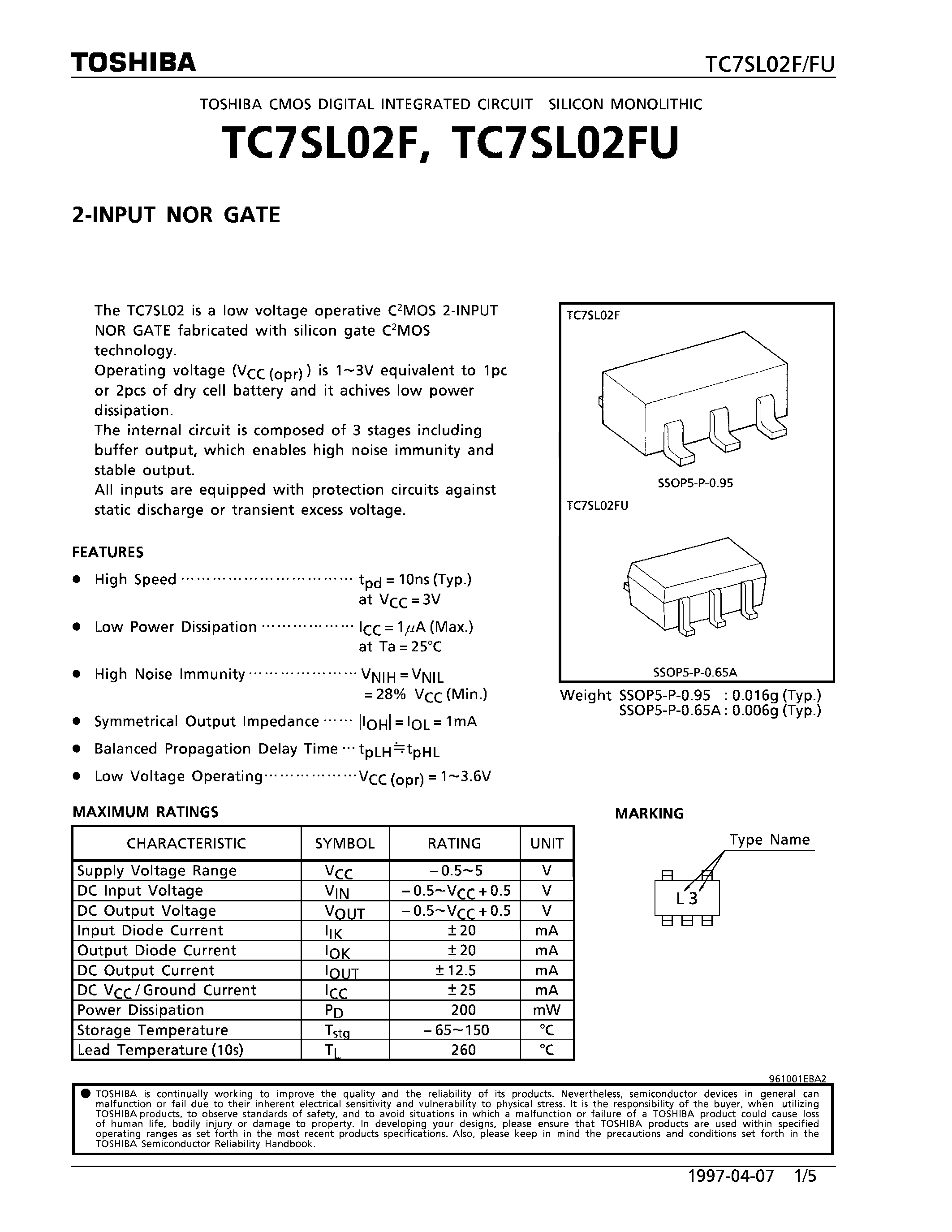 Даташит TC7SL02F - 2-INPUT NOR GATE страница 1