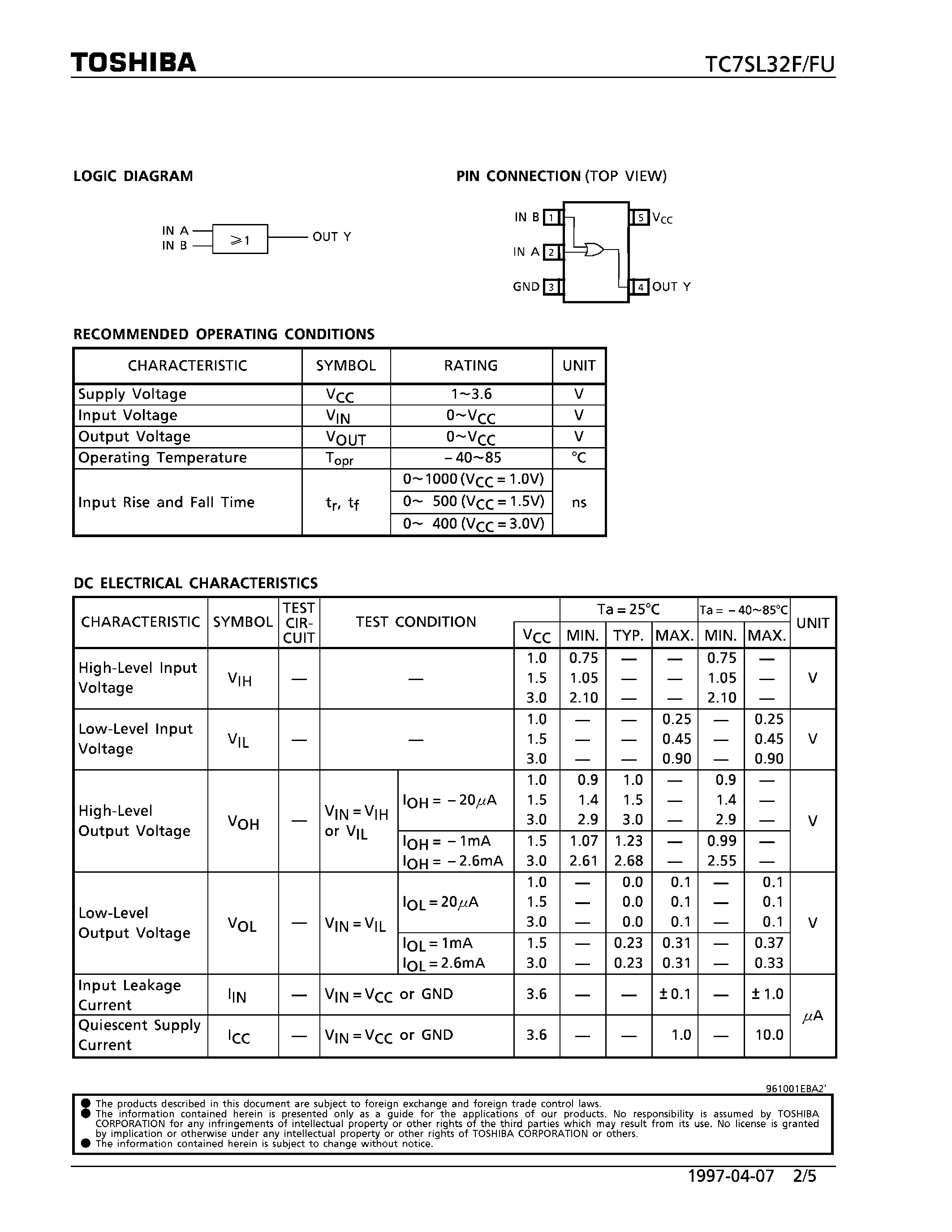 Даташит TC7SL32F - 2-INPUT OR GATE страница 2