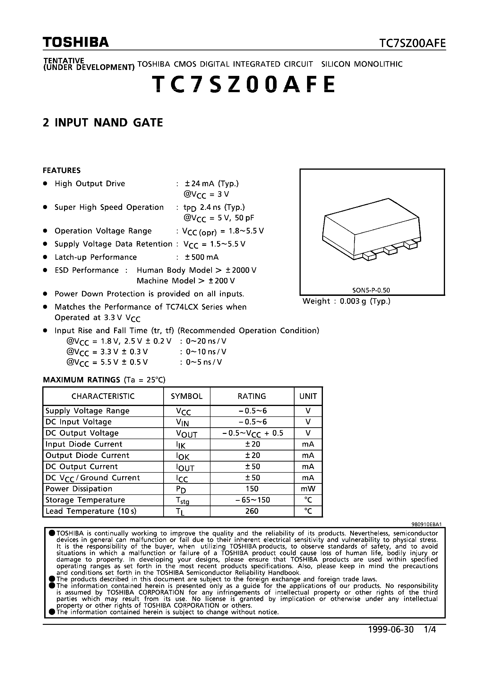 Даташит TC7SZ00AFE - 2 INPUT NAND GATE страница 1