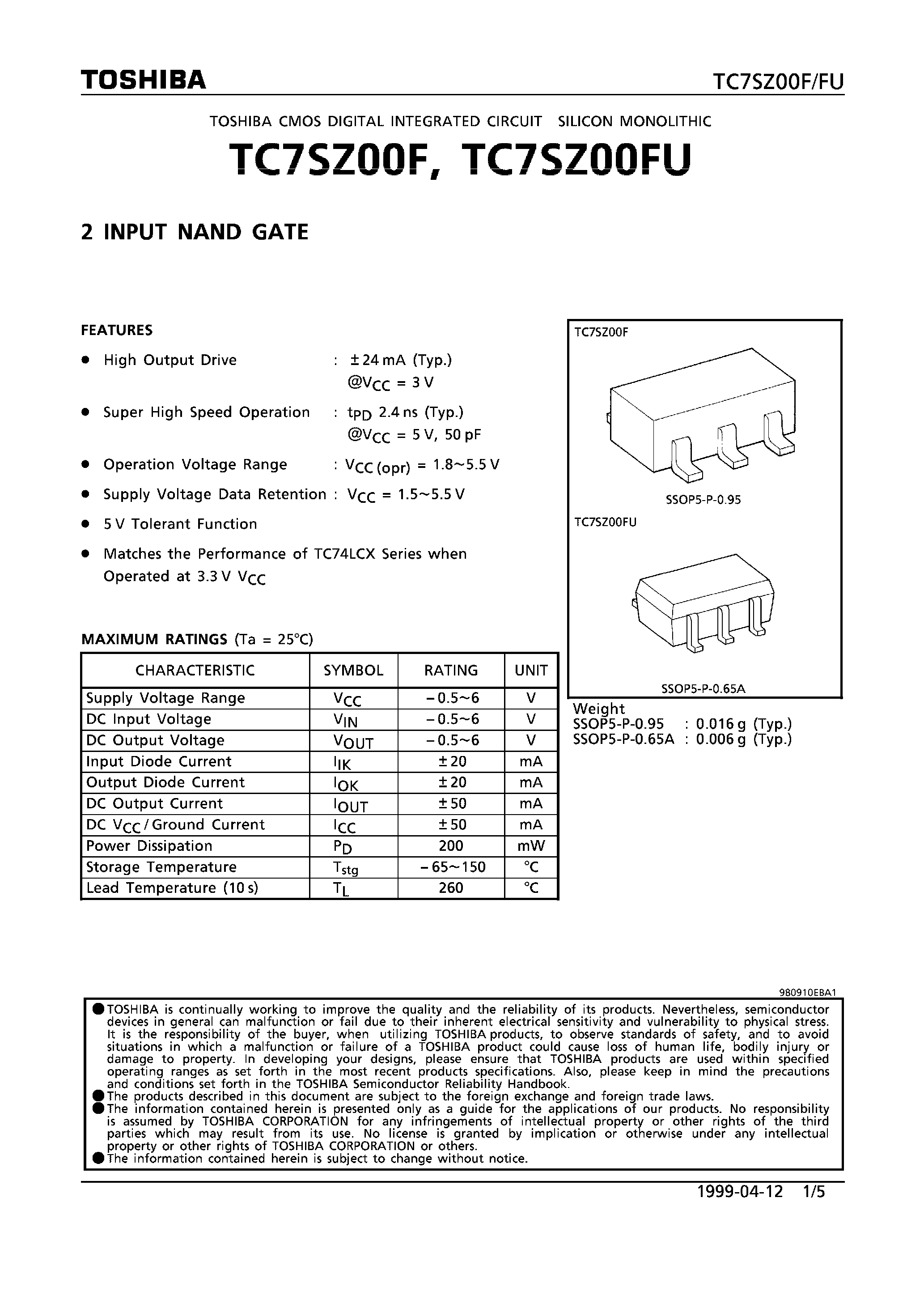 Даташит TC7SZ00F - 2 INPUT NAND GATE страница 1