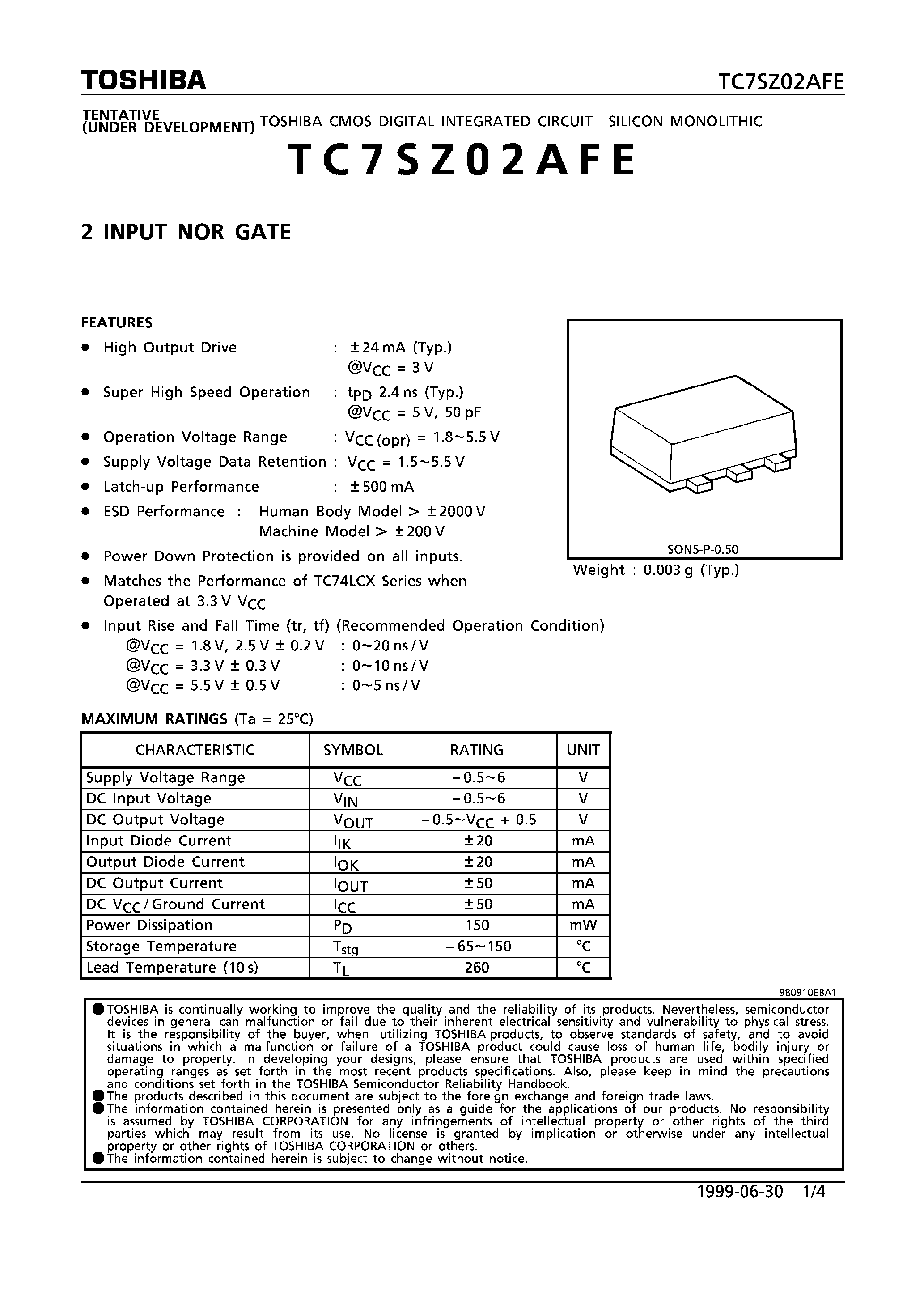 Даташит TC7SZ02AFE - 2 INPUT NOR GATE страница 1