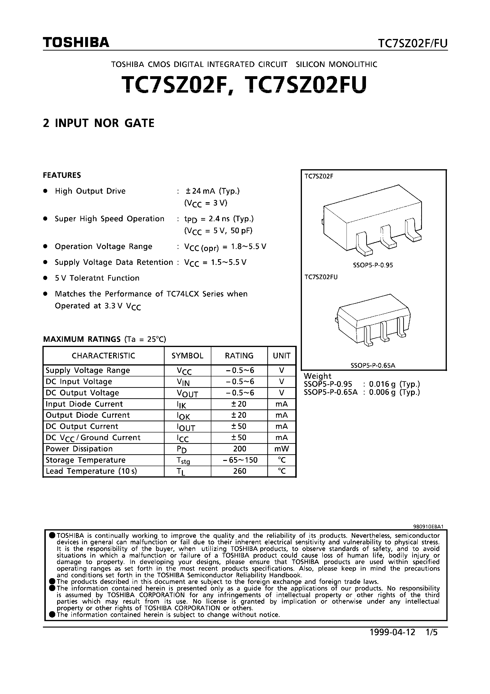 Даташит TC7SZ02F - 2 INPUT NOR GATE страница 1