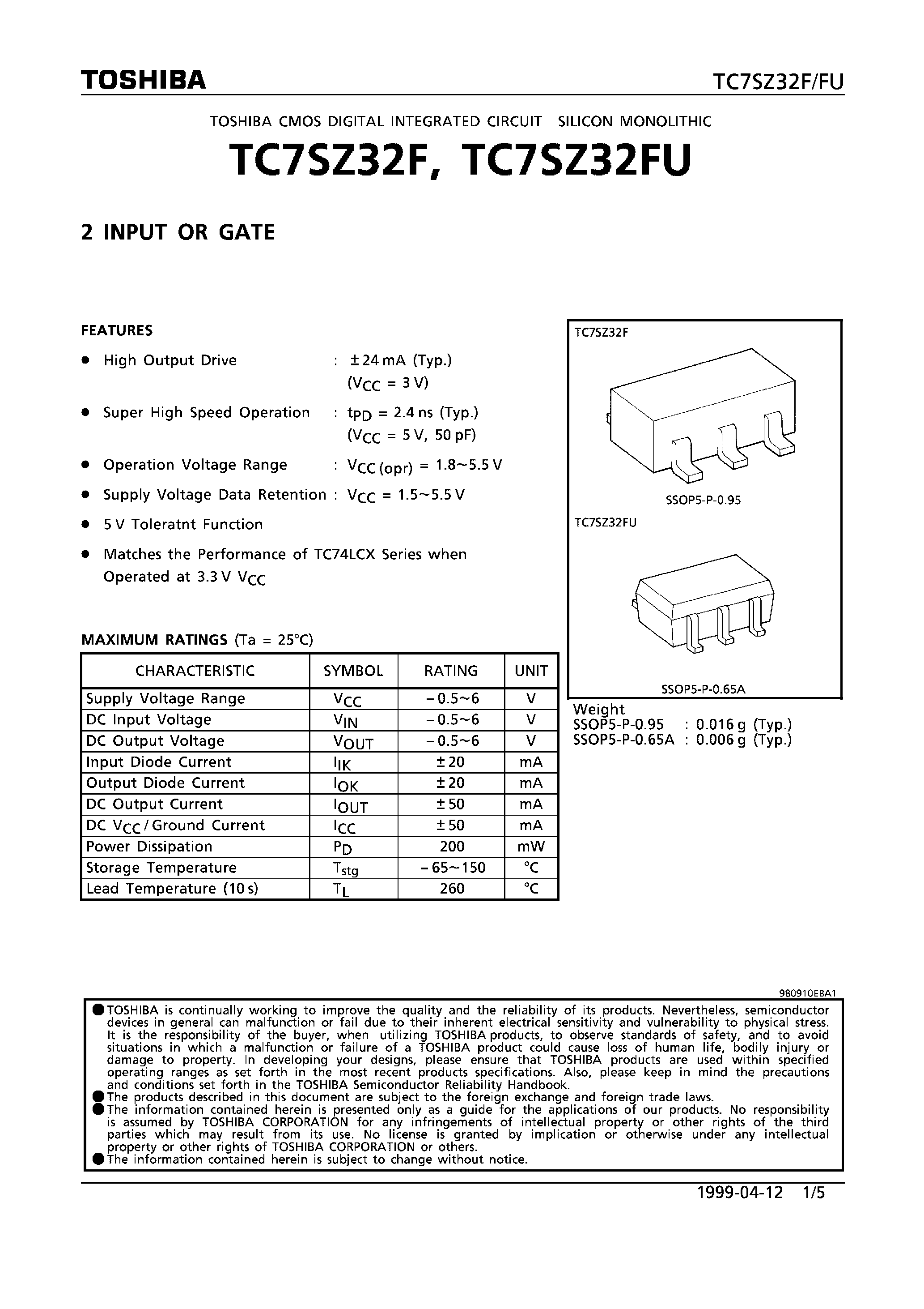 Даташит TC7SZ32 - 2 INPUT OR GATE страница 1