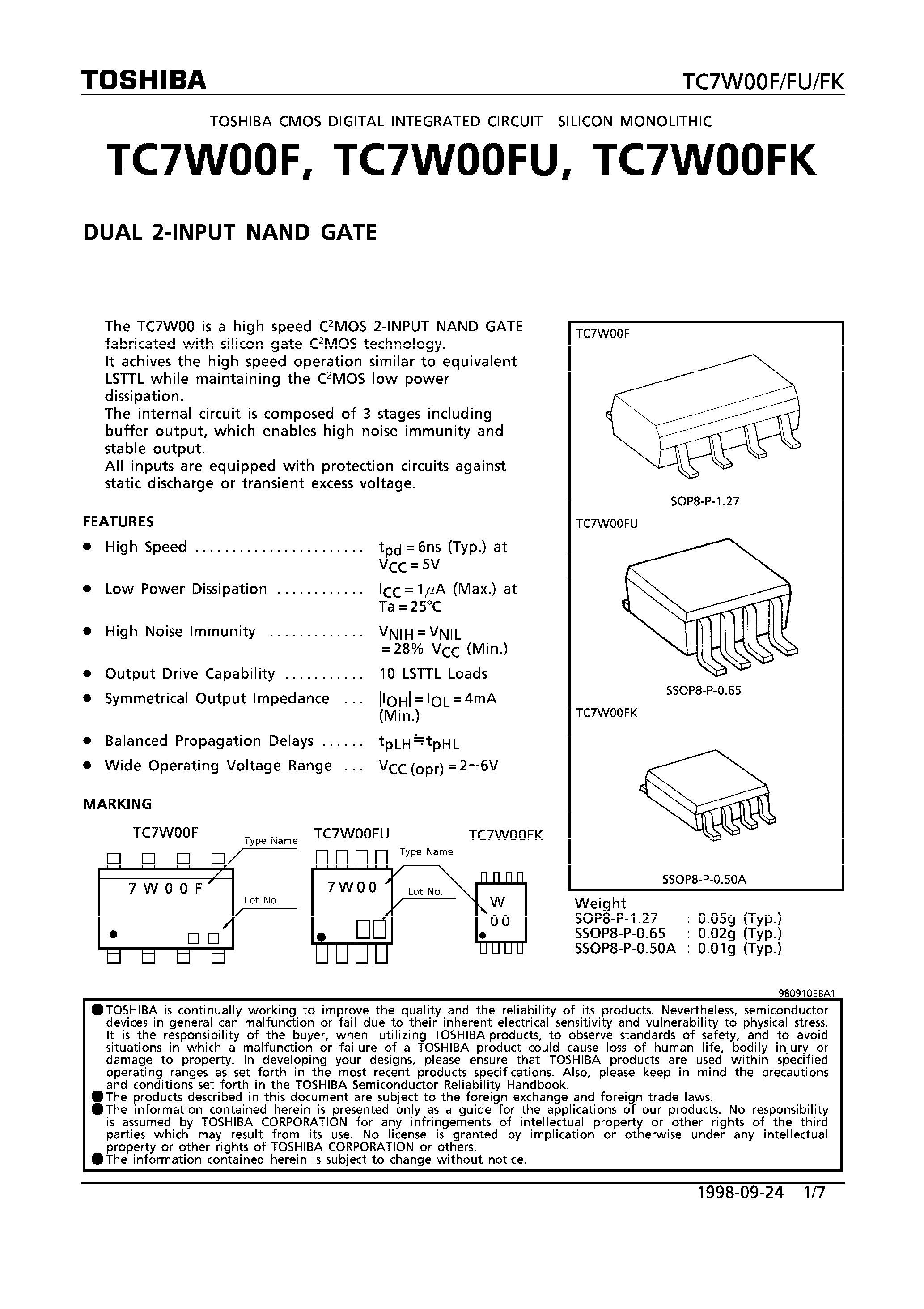 Даташит TC7W00F - DUAL 2-INPUT NAND GATE страница 1