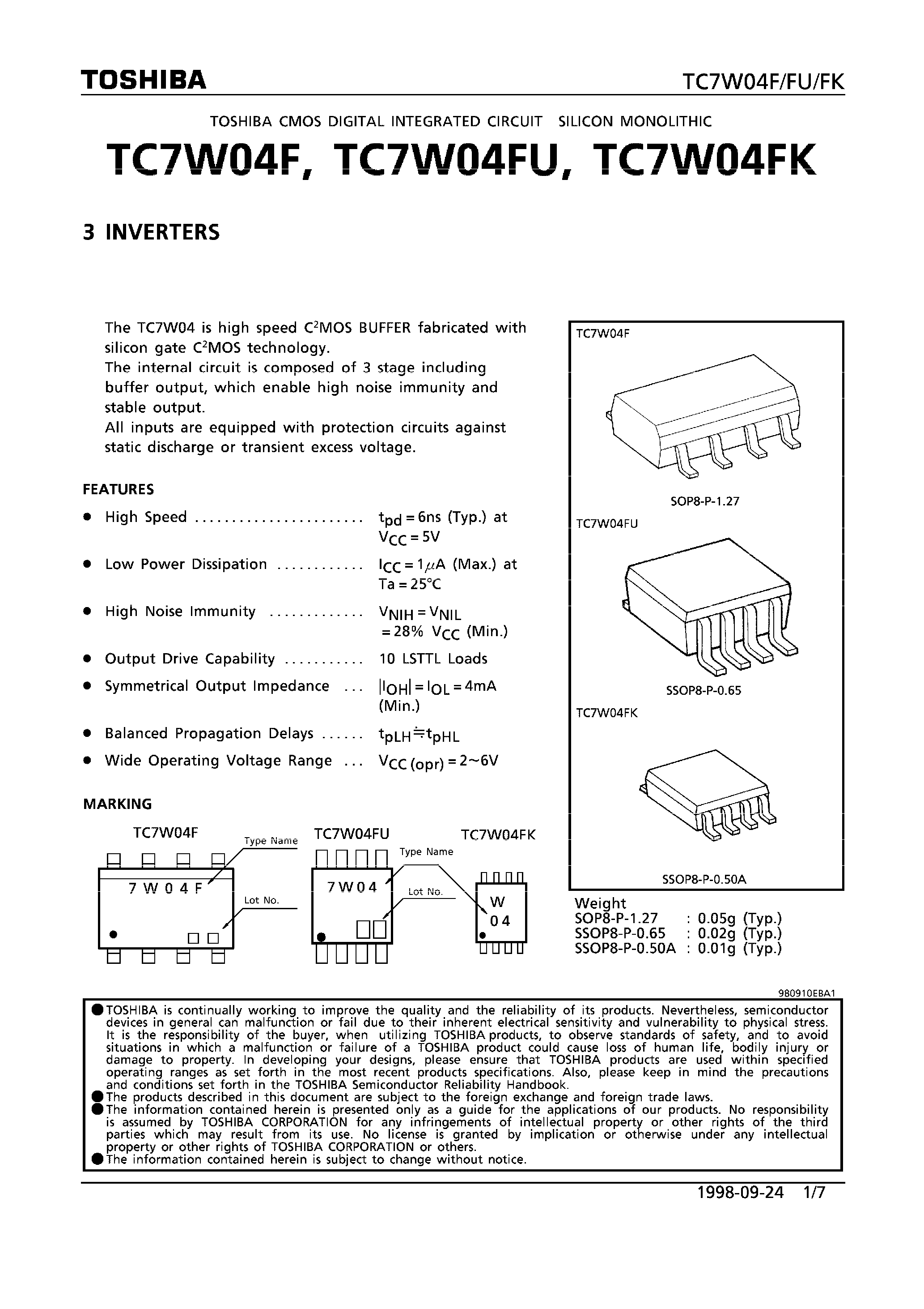 Даташит TC7W04FK - 2 INVERTERS страница 1