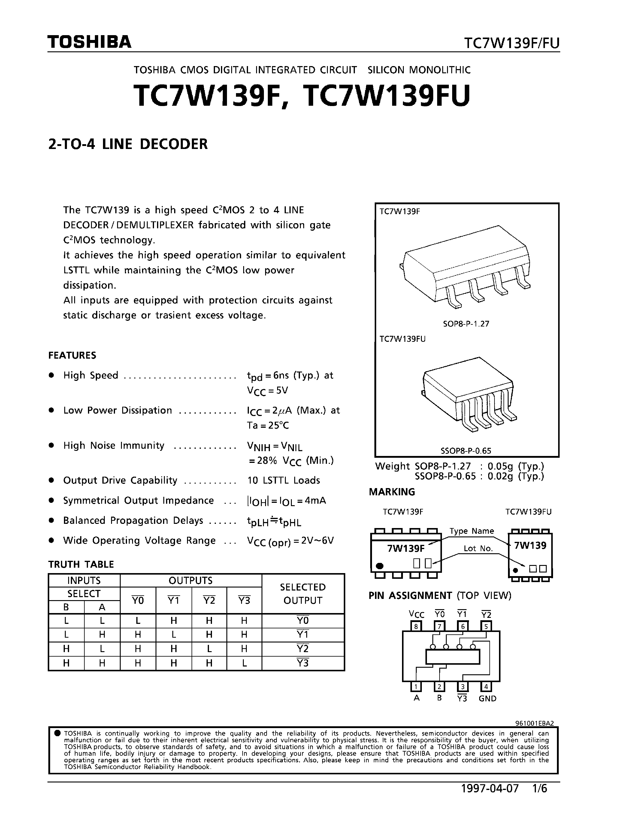 Даташит TC7W139 - 2-TO-4 LINE DECODER страница 1