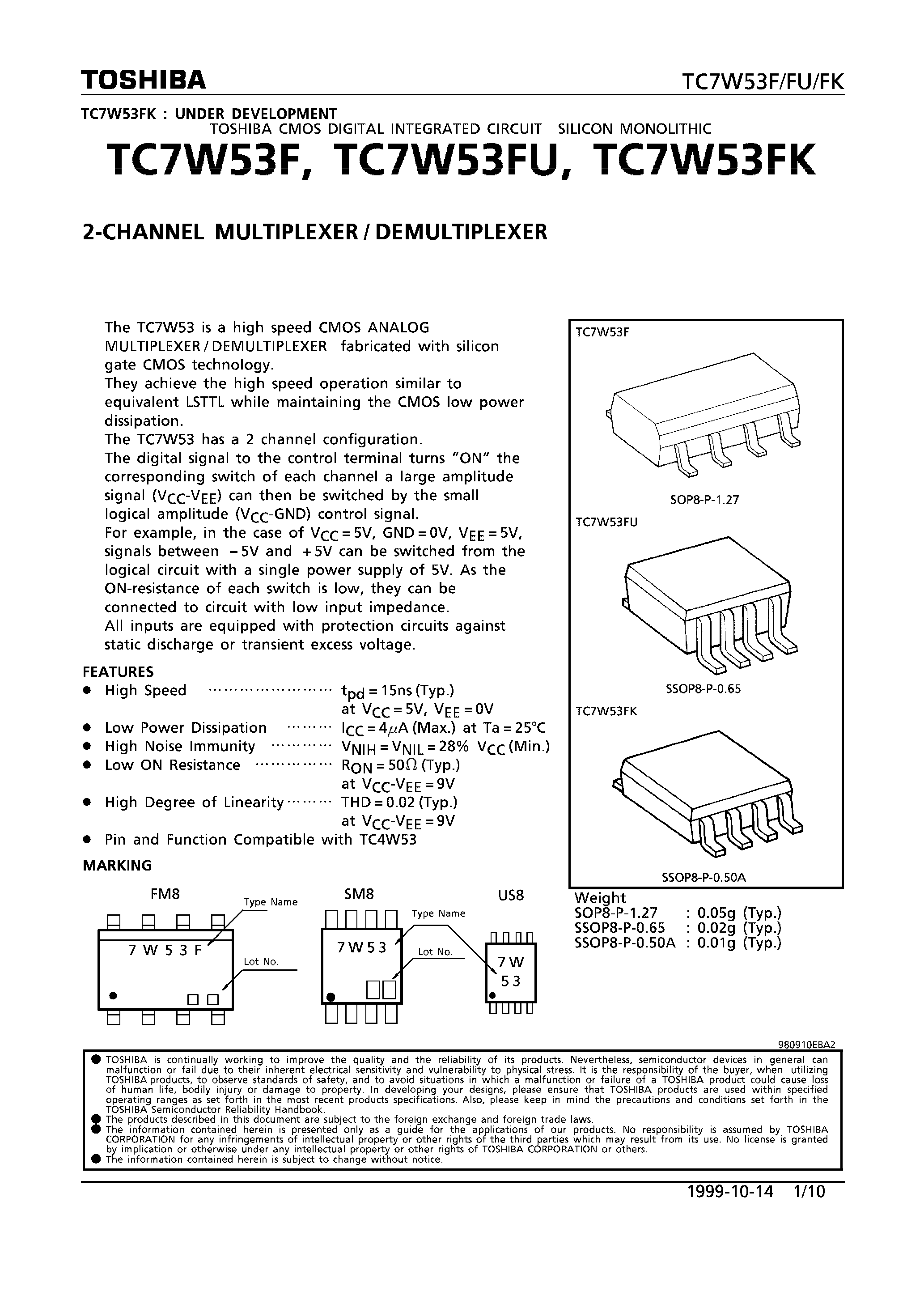 Даташит TC7W53 - 2-CHANNEL MULTIPLEXER/DEMULTIPLEXER страница 1