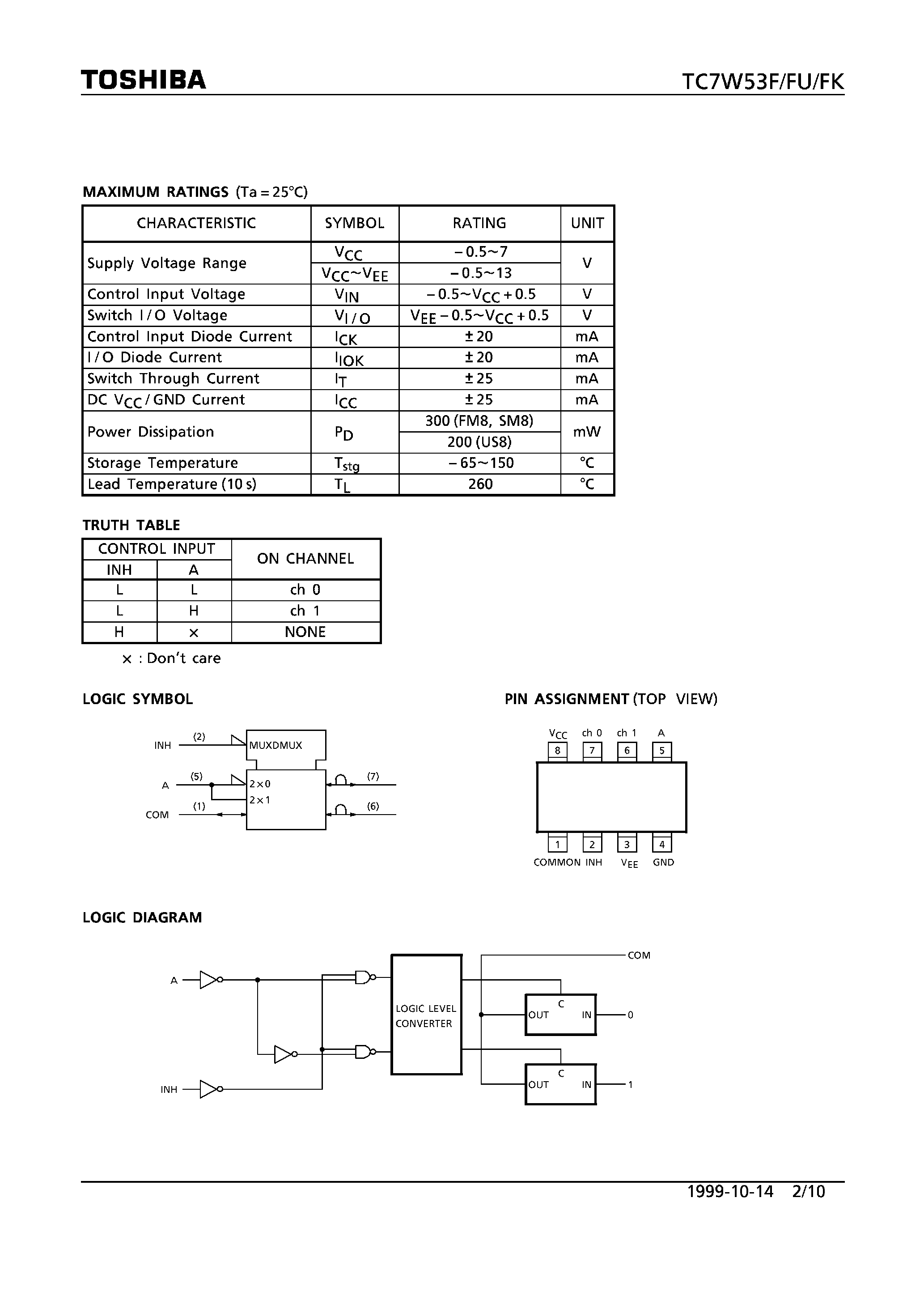 Даташит TC7W53 - 2-CHANNEL MULTIPLEXER/DEMULTIPLEXER страница 2