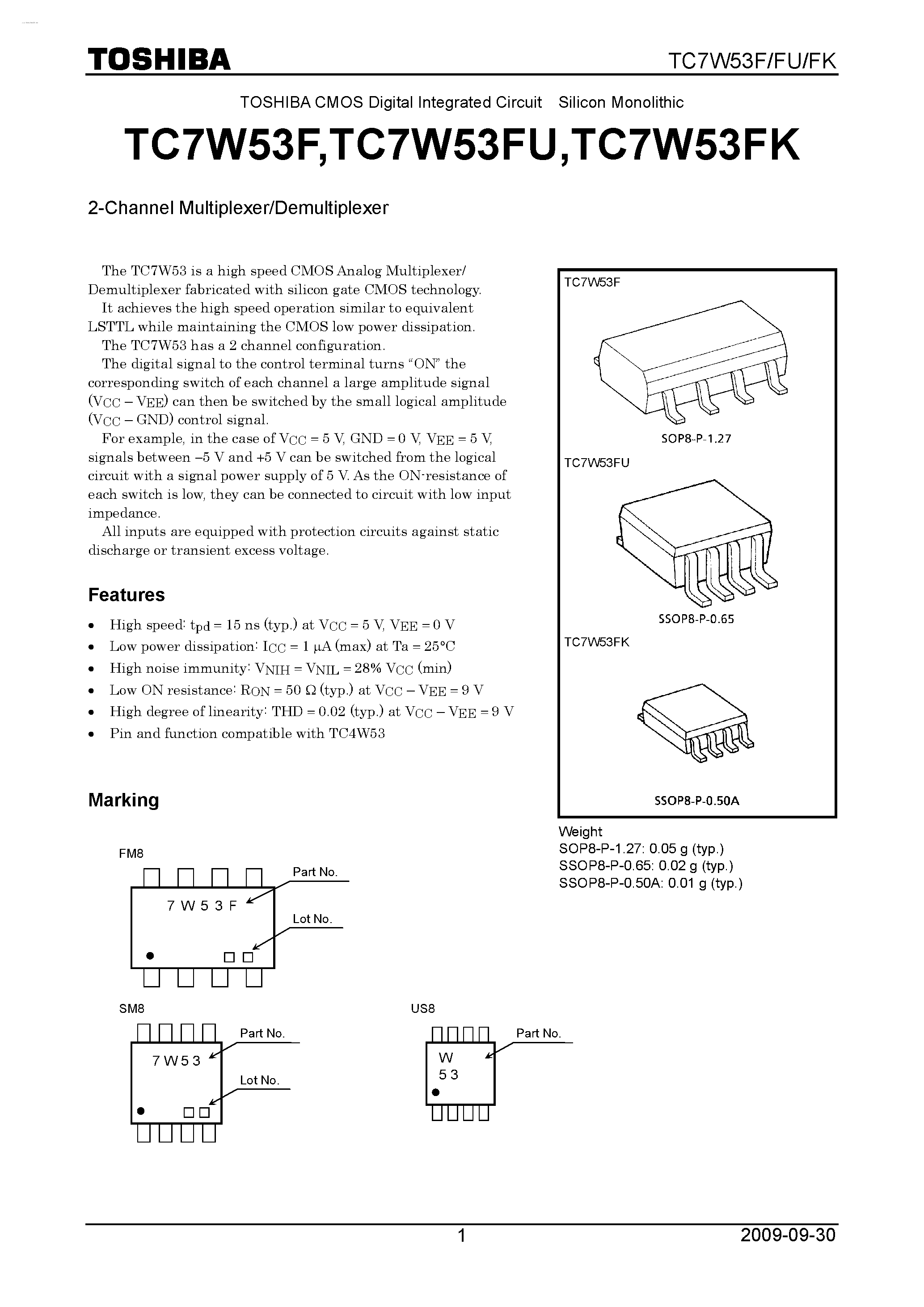 Даташит TC7W53F - 2-CHANNEL MULTIPLEXER/DEMULTIPLEXER страница 1