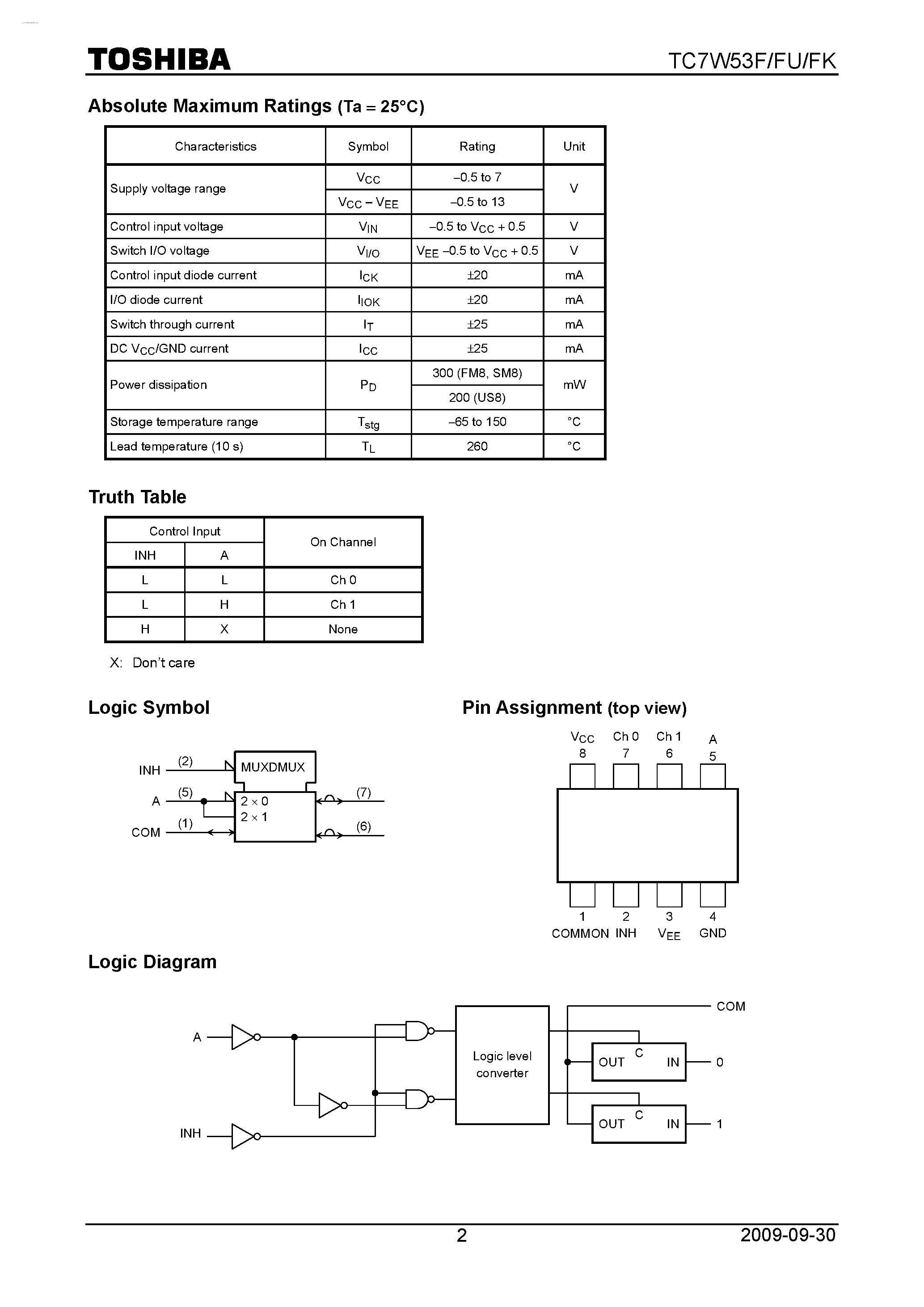 Даташит TC7W53F - 2-CHANNEL MULTIPLEXER/DEMULTIPLEXER страница 2