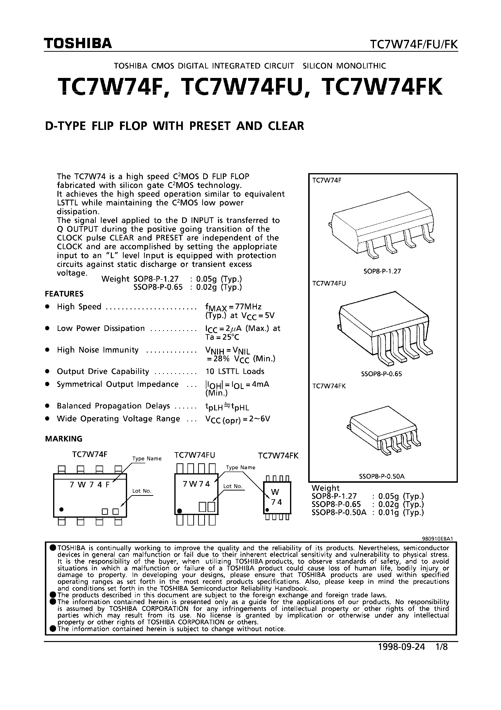 Datasheet TC7W74 - D-TYPE FLIP FLOP WITH PRESET AND CLEAR page 1