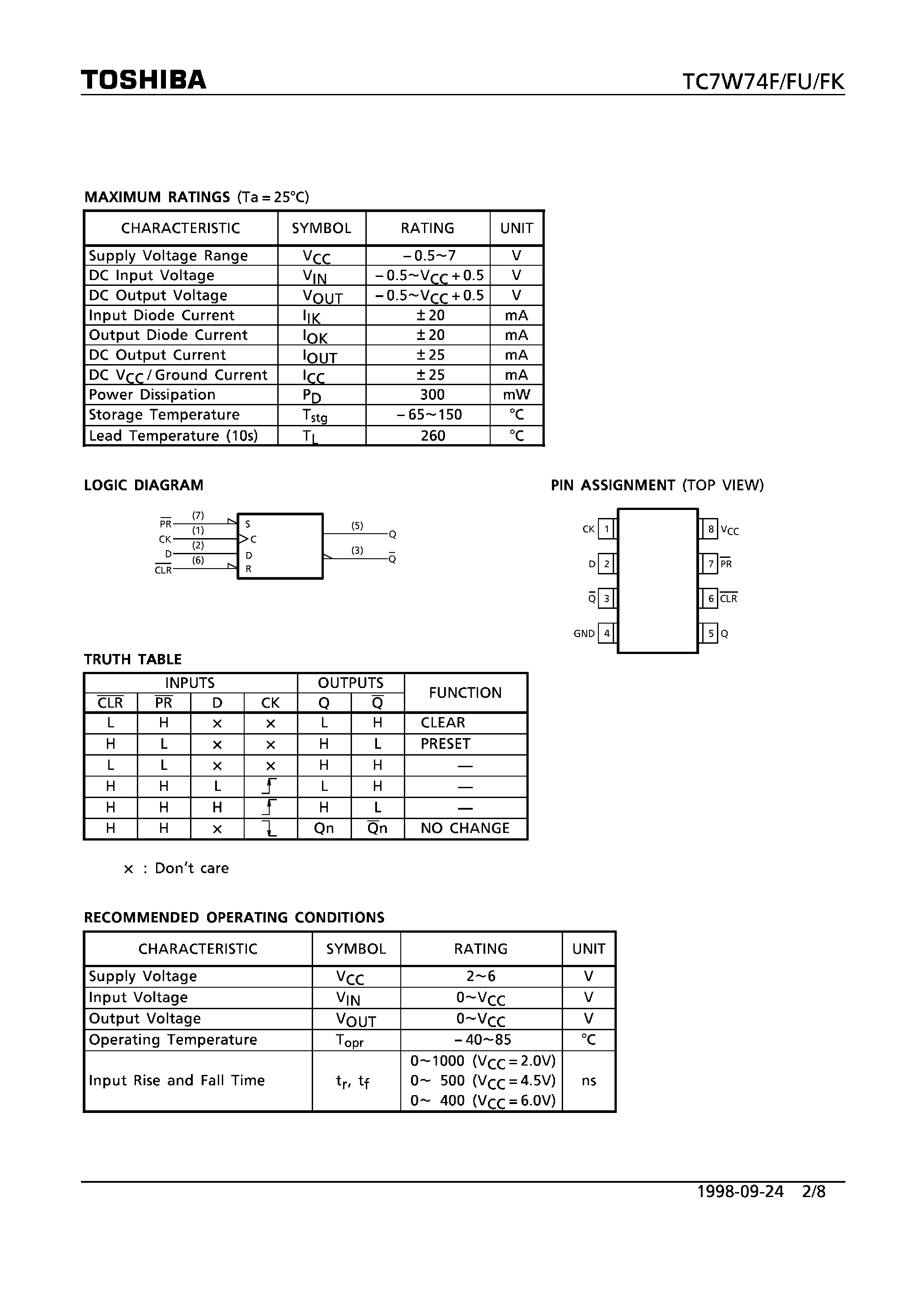 Datasheet TC7W74 - D-TYPE FLIP FLOP WITH PRESET AND CLEAR page 2