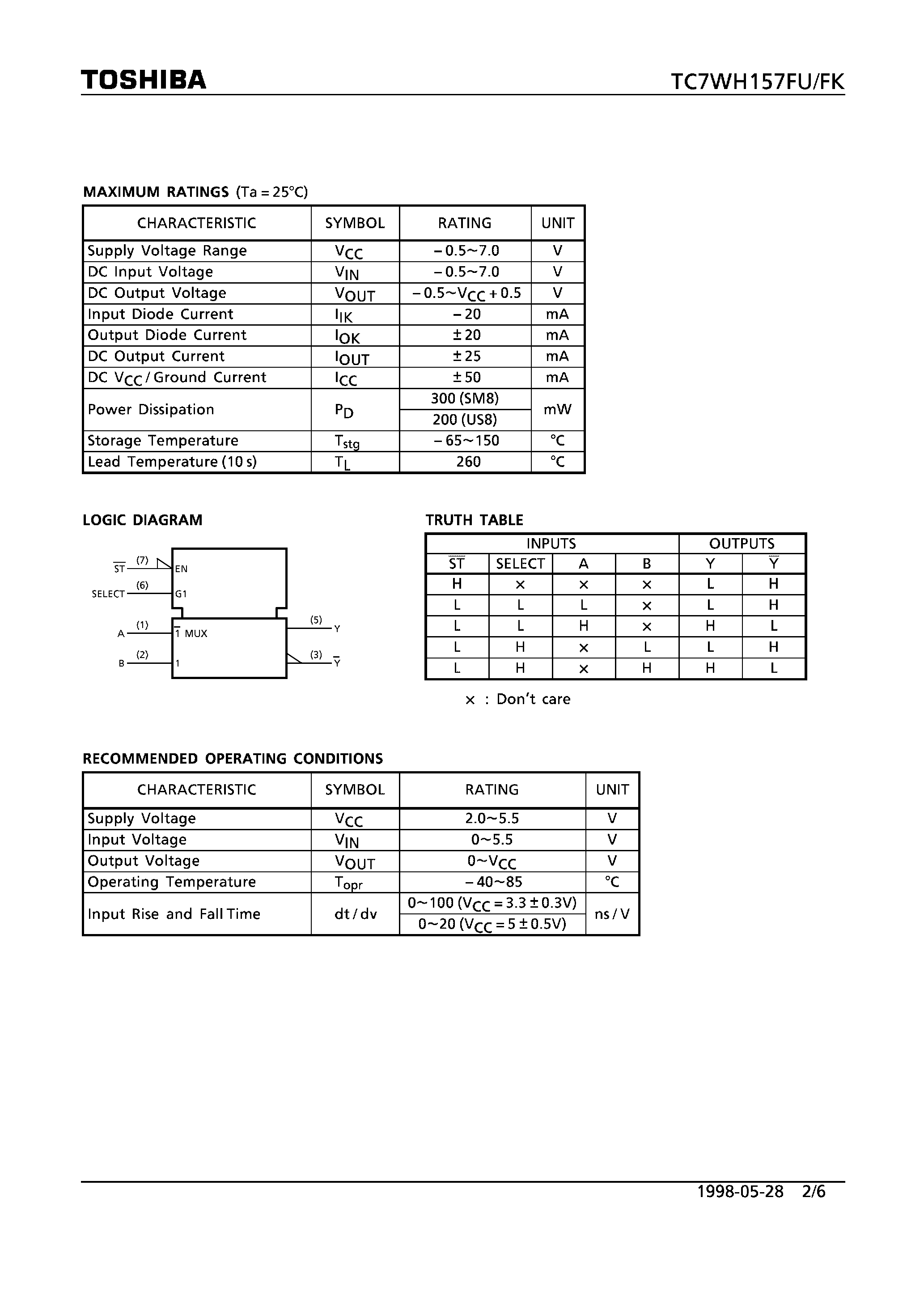 Даташит TC7WH157 - 2-CHANNEL MULTIPLEXER страница 2