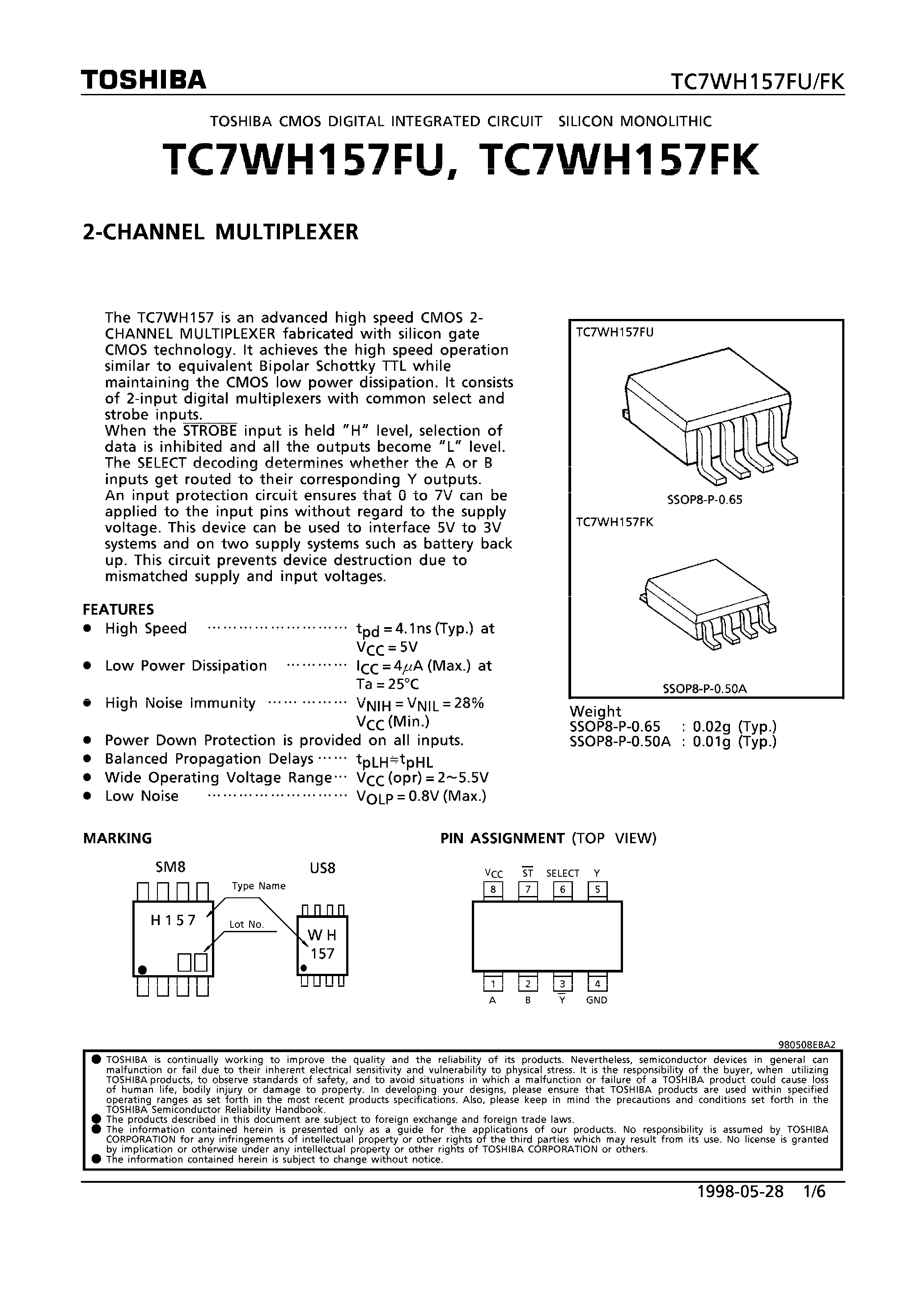 Даташит TC7WH157FU - 2-CHANNEL MULTIPLEXER страница 1