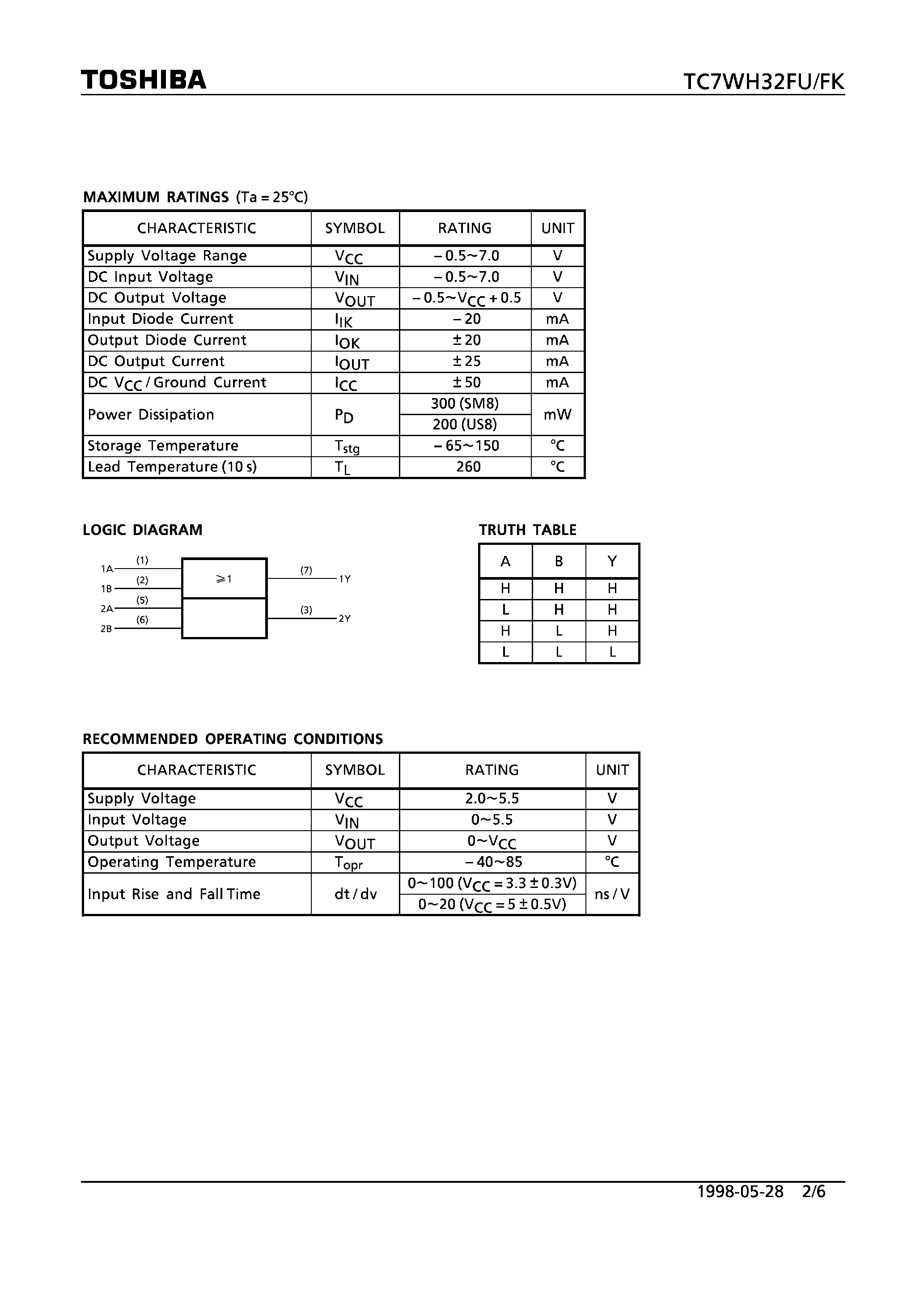 Даташит TC7WH32FK - DUAL 2-INPUT OR GATE страница 2