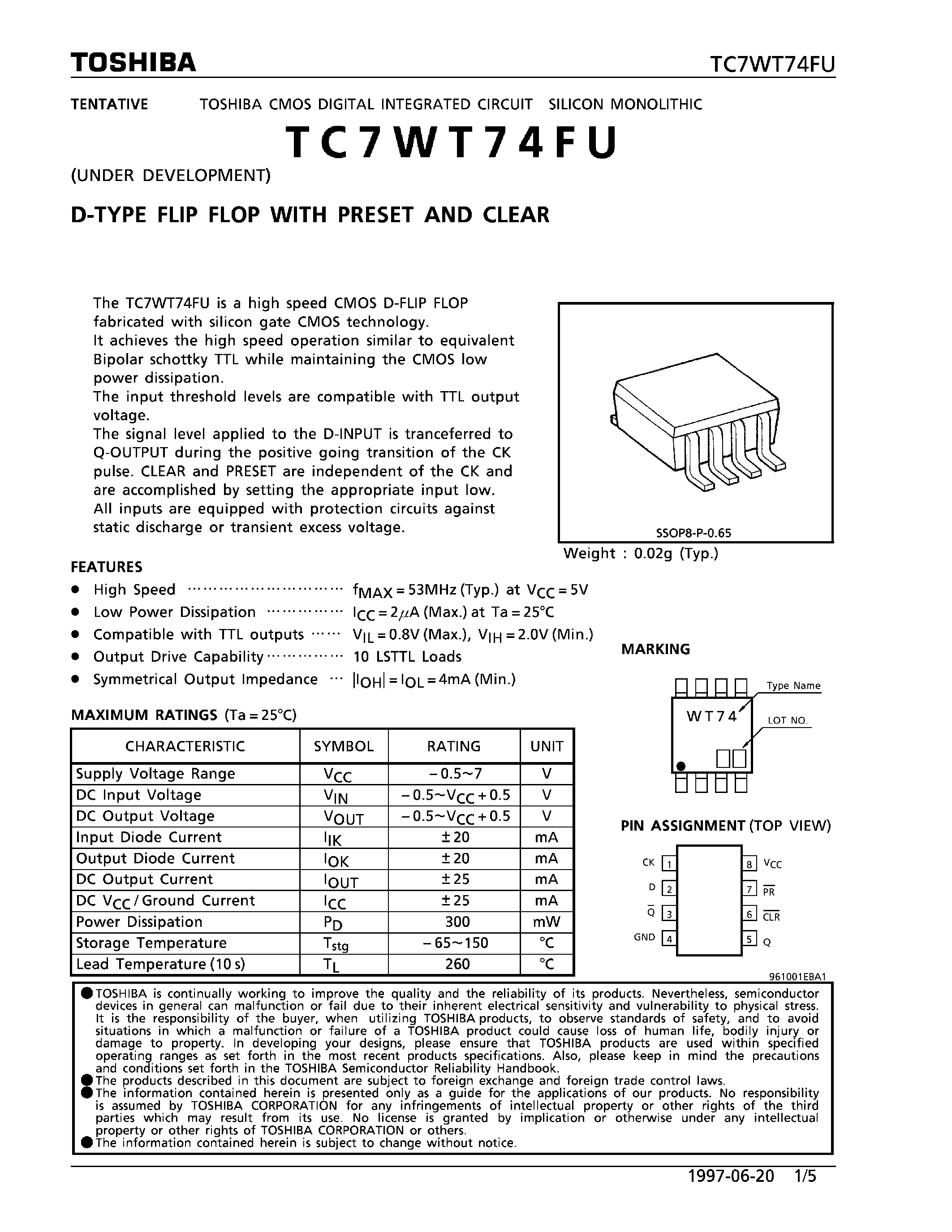 Datasheet TC7WT74FU - D-TYPE FLIP FLOP WITH PRESET AND CLEAR page 1